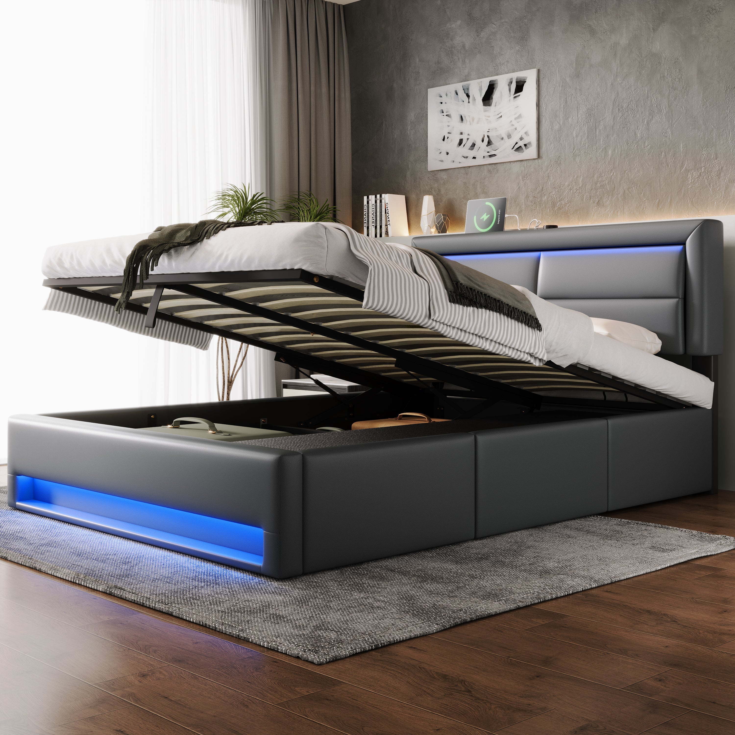 Upholstered Hydraulic Bed with USB, LED and 3 Storage Drawers, 140x190cm, Grey PU Leather