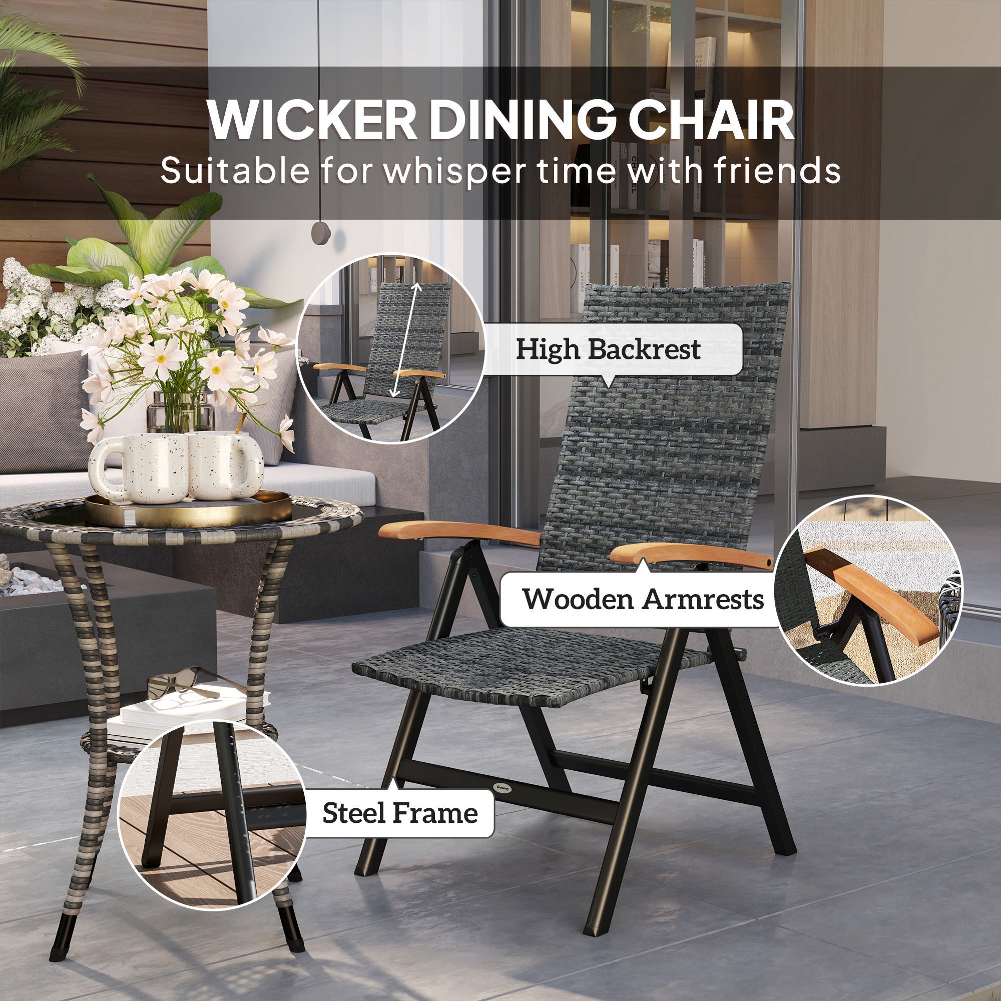 Folding Rattan Garden Dining Chair, 5-level Reclining High Back Wood Armrests, Mixed-grey