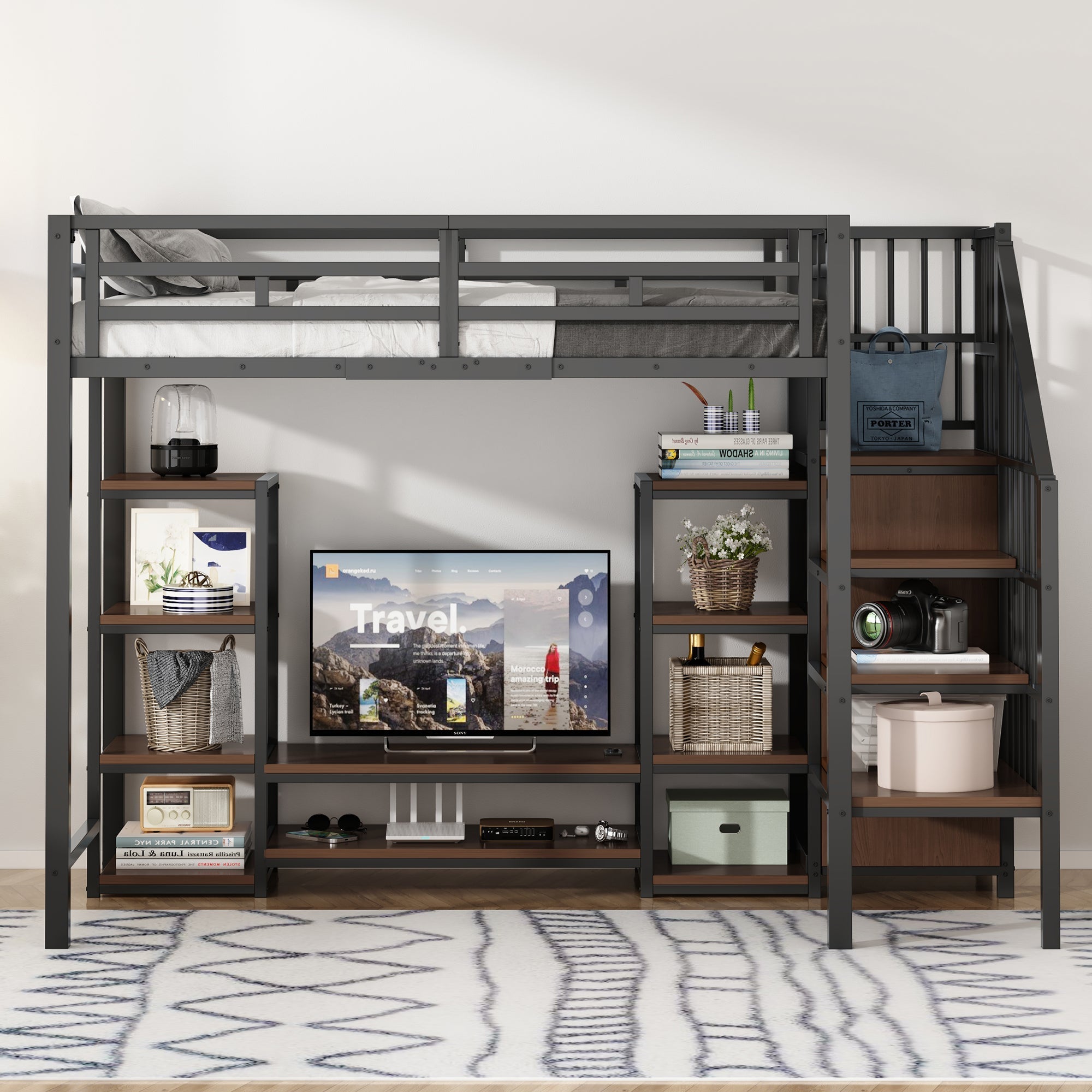Loft Bed 90x200 with TV Stand Power Outlet Ladder, Metal & Wood Black