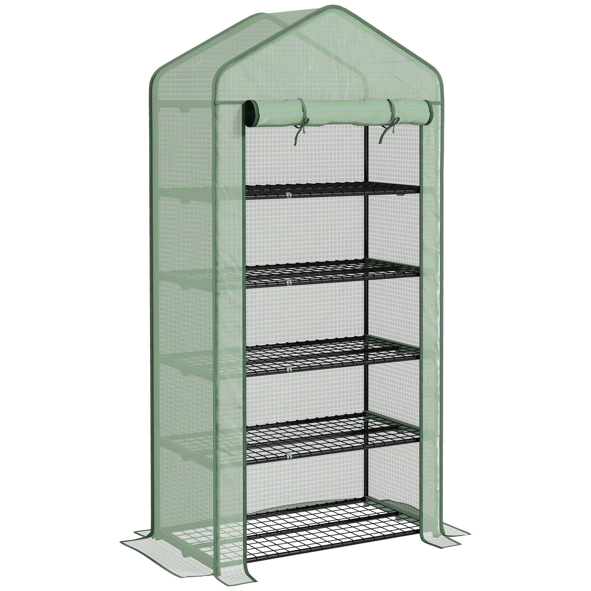 5 Tier Widened Mini Greenhouse, Reinforced PE Cover Roll-up Door Wire Shelves, Green
