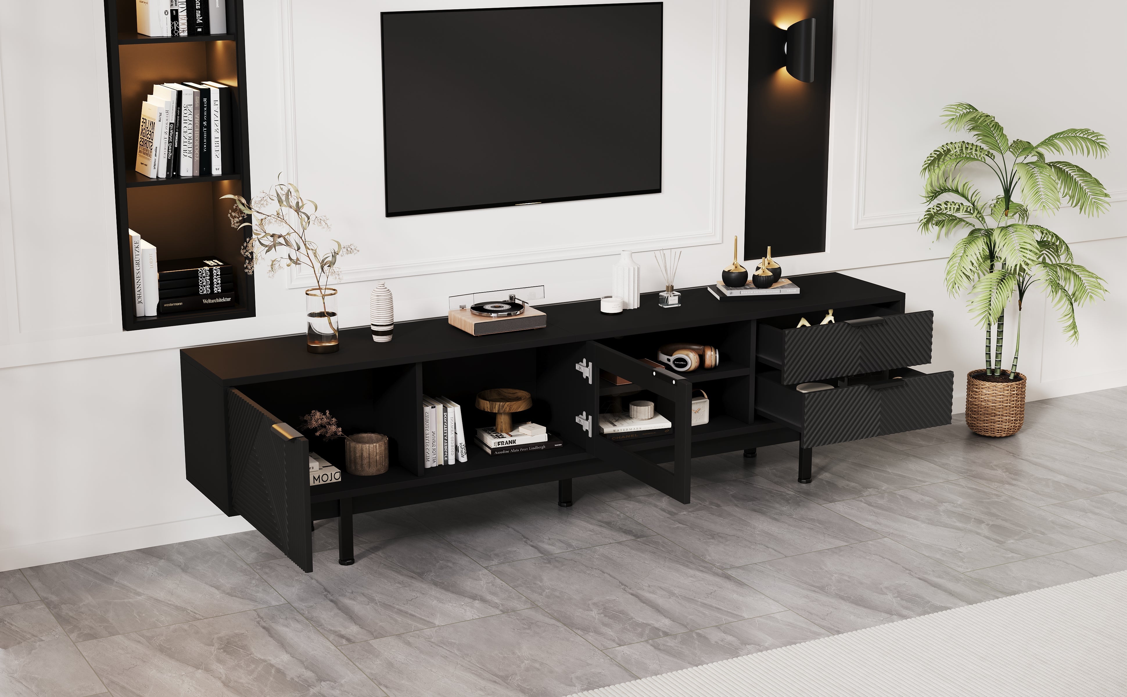 TV Cabinet, 2-Door 2-Drawer Lowboard TV Stand for 80-Inch TVs, Black