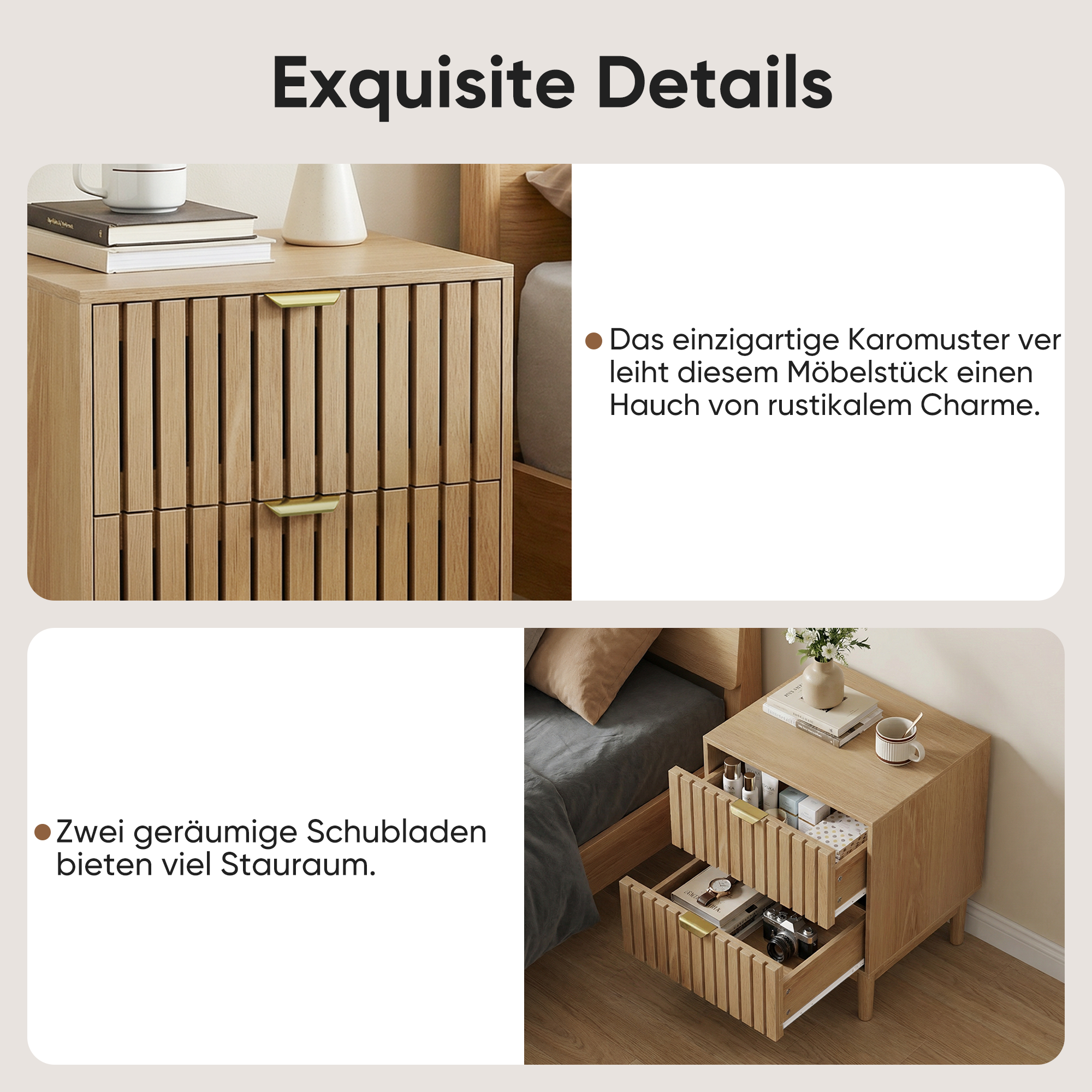 Mid-Century Modern Nightstand with 2 Drawers and Slatted Design, 45 x 39 x 56.5 cm, Oak-Colored Wood