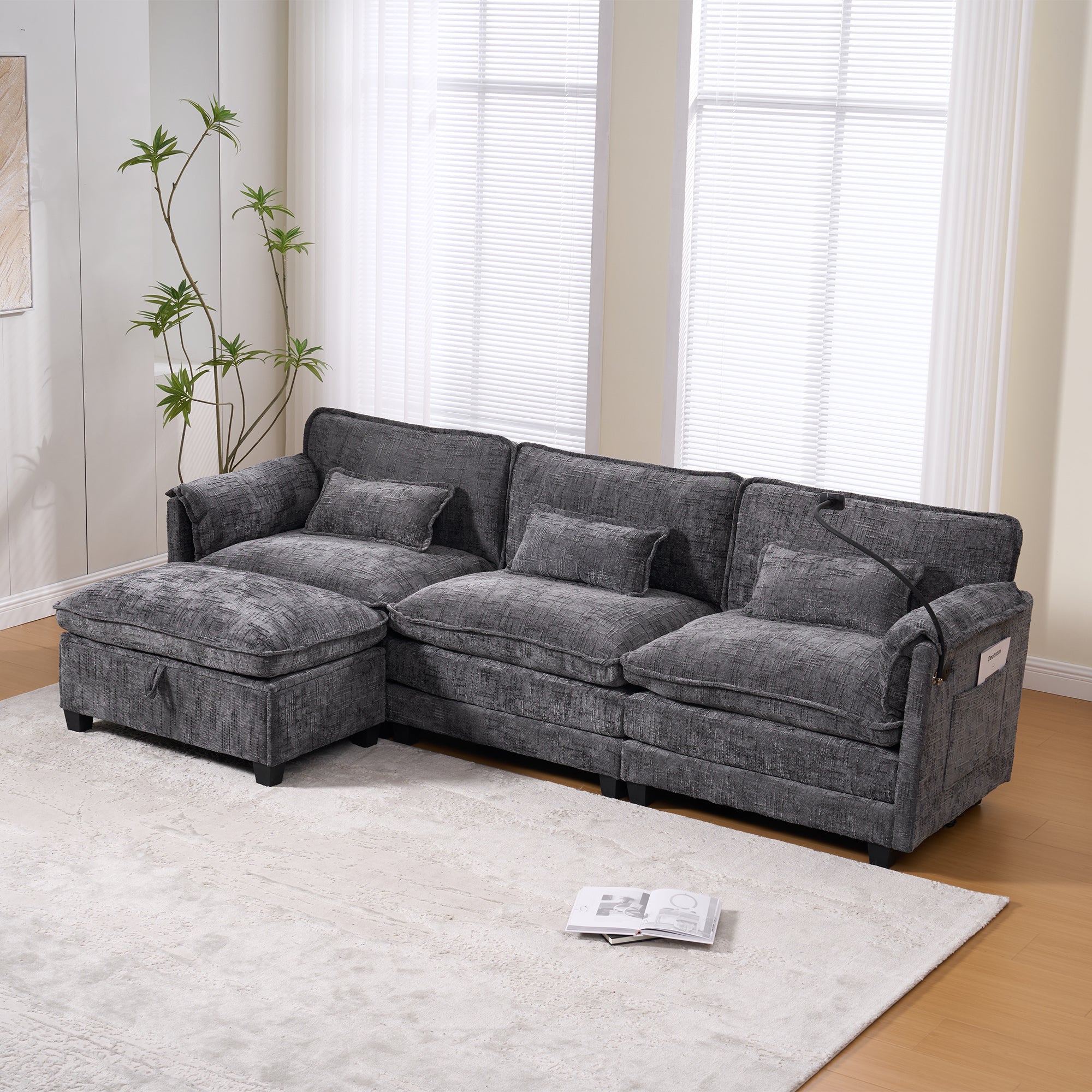 Modern 2-Seater Sofa USB Port Storage Footstool Memory Foam - Chenille Grey