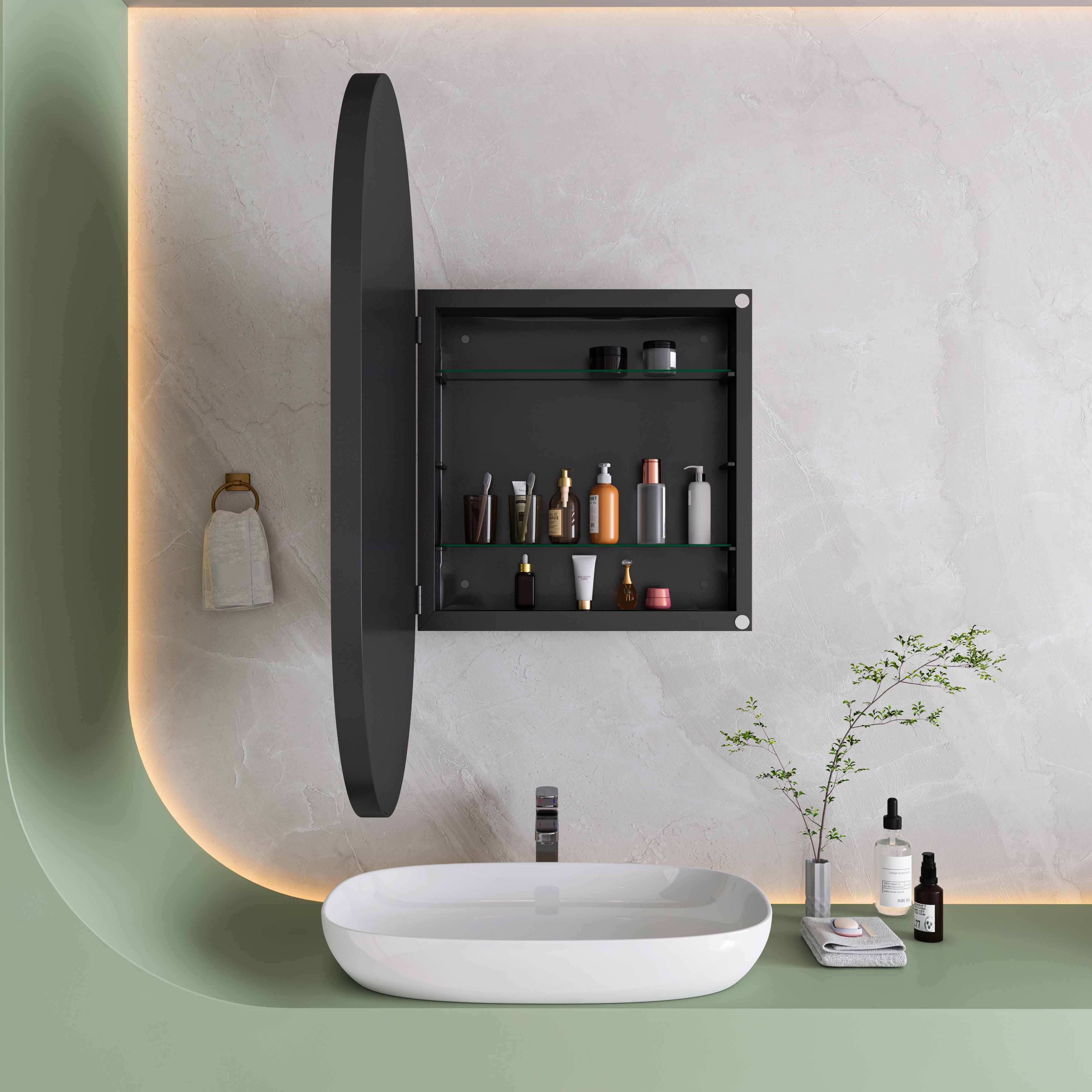 Stylish Oval Mirror Cabinet, Wall with Adjustable Shelves, Black