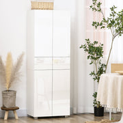 4-Door Kitchen Cupboard Tall Freestanding 5-Tier Cabinet with 3 Adjustable Shelves, 2 Drawers, Push to Open Design, High Gloss White