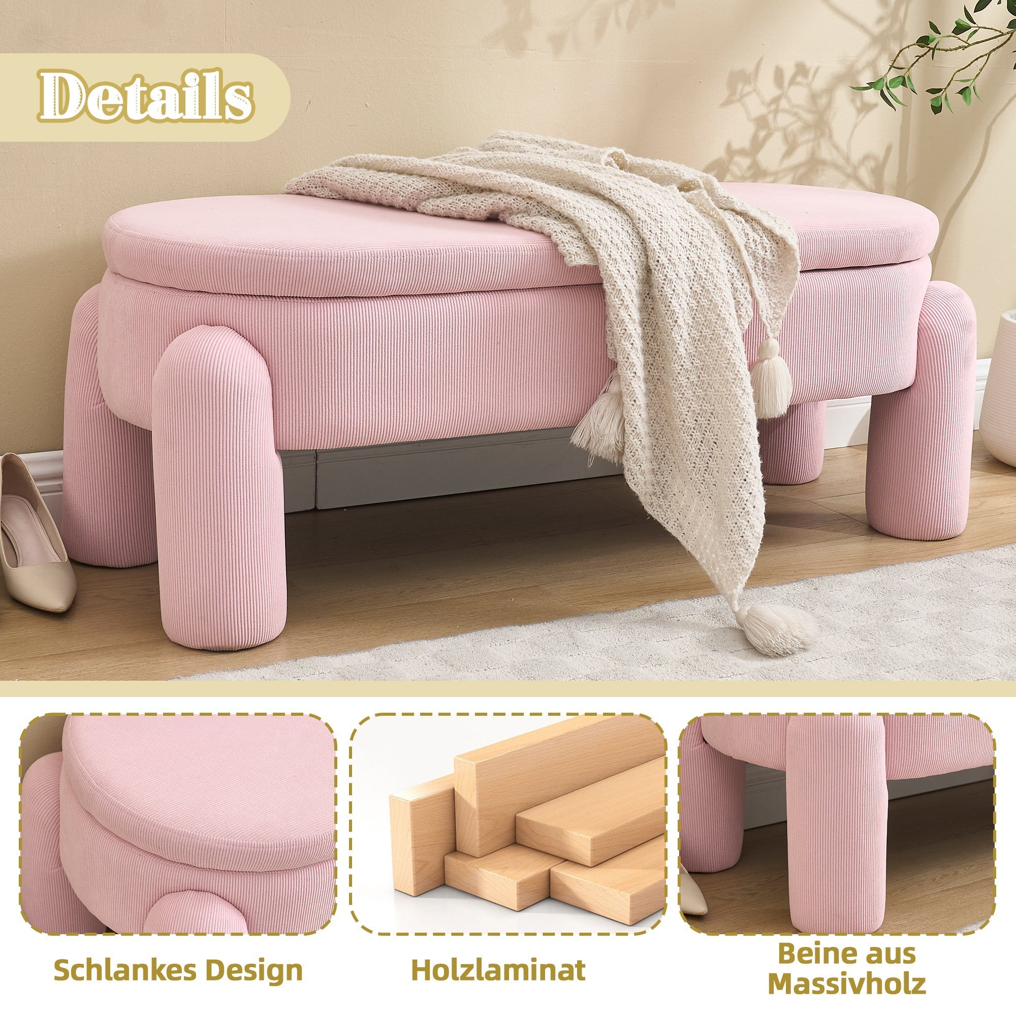 Storage Bench, Modern with Chenille Fabric & Solid Wood Frame, Pink