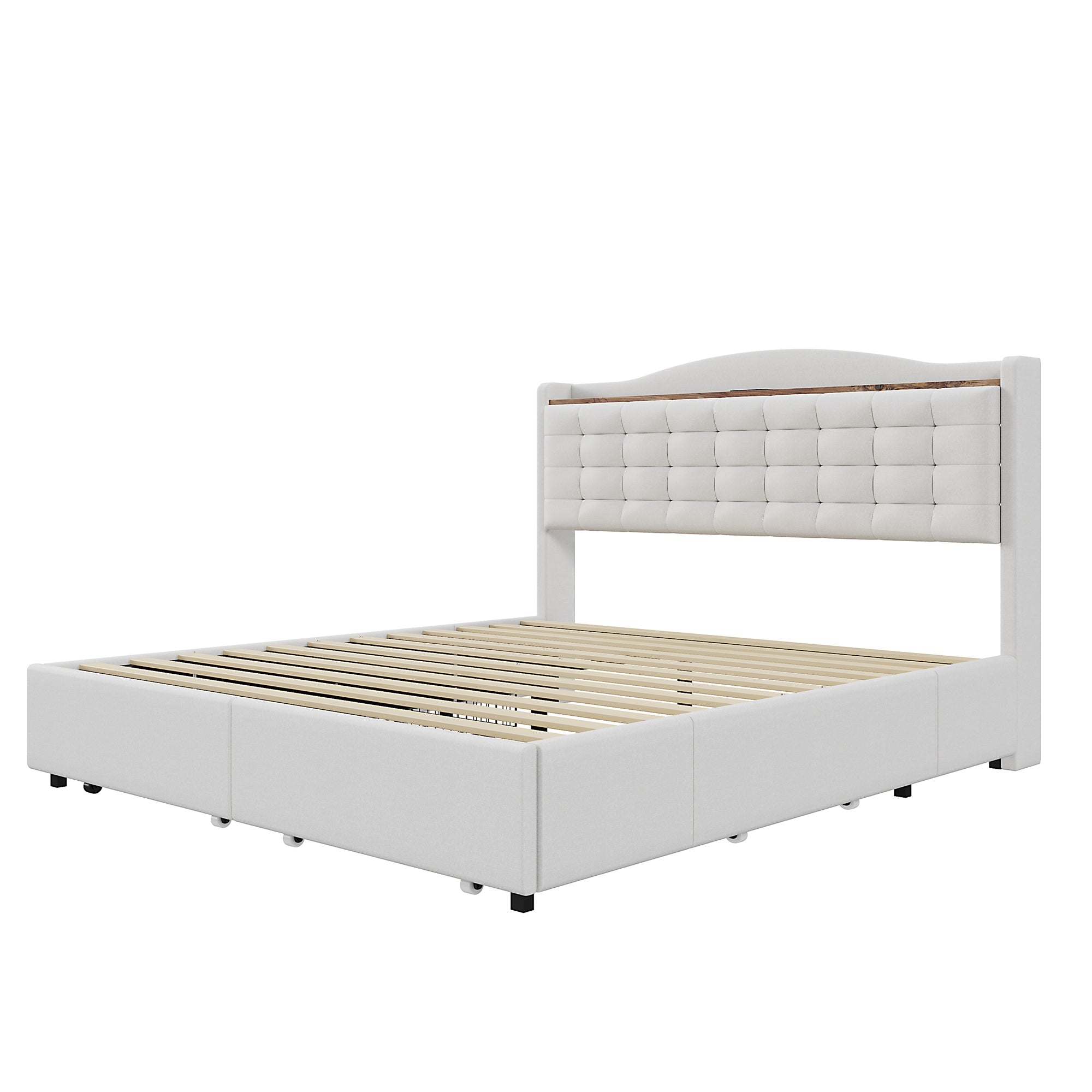 Upholstered Bed 140x200cm, USB Charging & Storage, 4-Drawer, Linen Fabric Beige