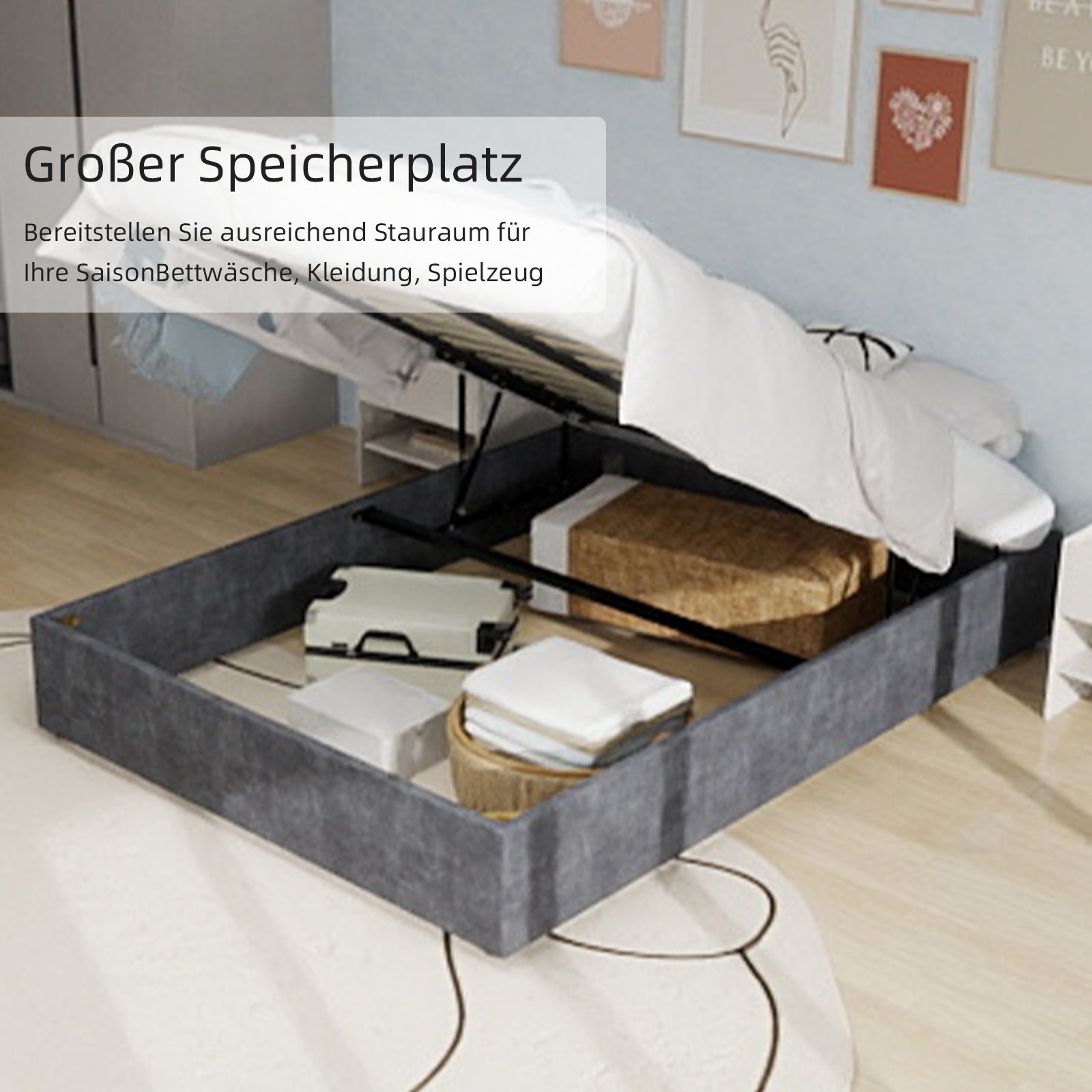 Bed Frame 160x200cm Gas Lift Storage - Dutch Velvet Grey