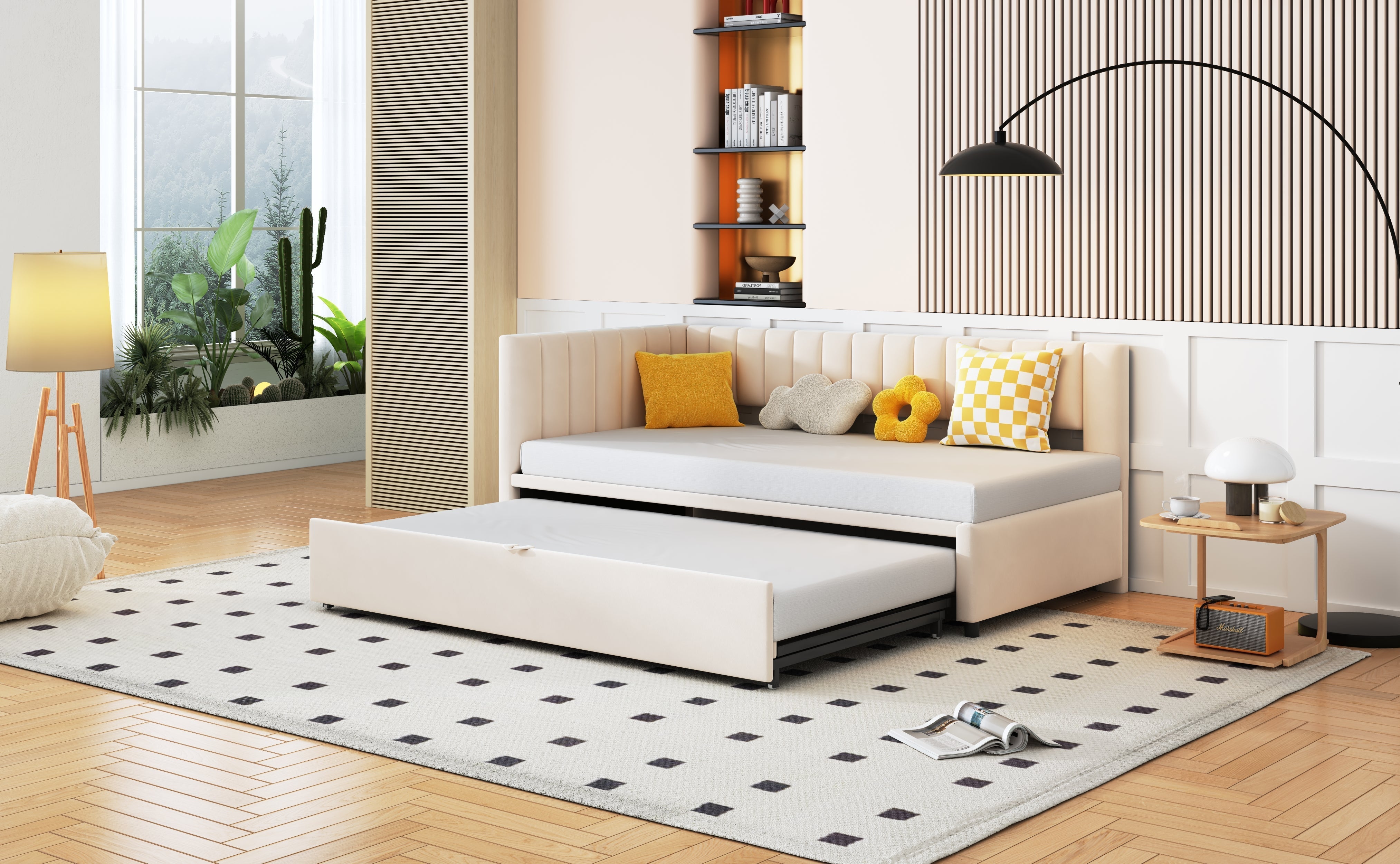 Sofa Bed, L-shaped Pull-out 90/180*200cm, Velvet Beige