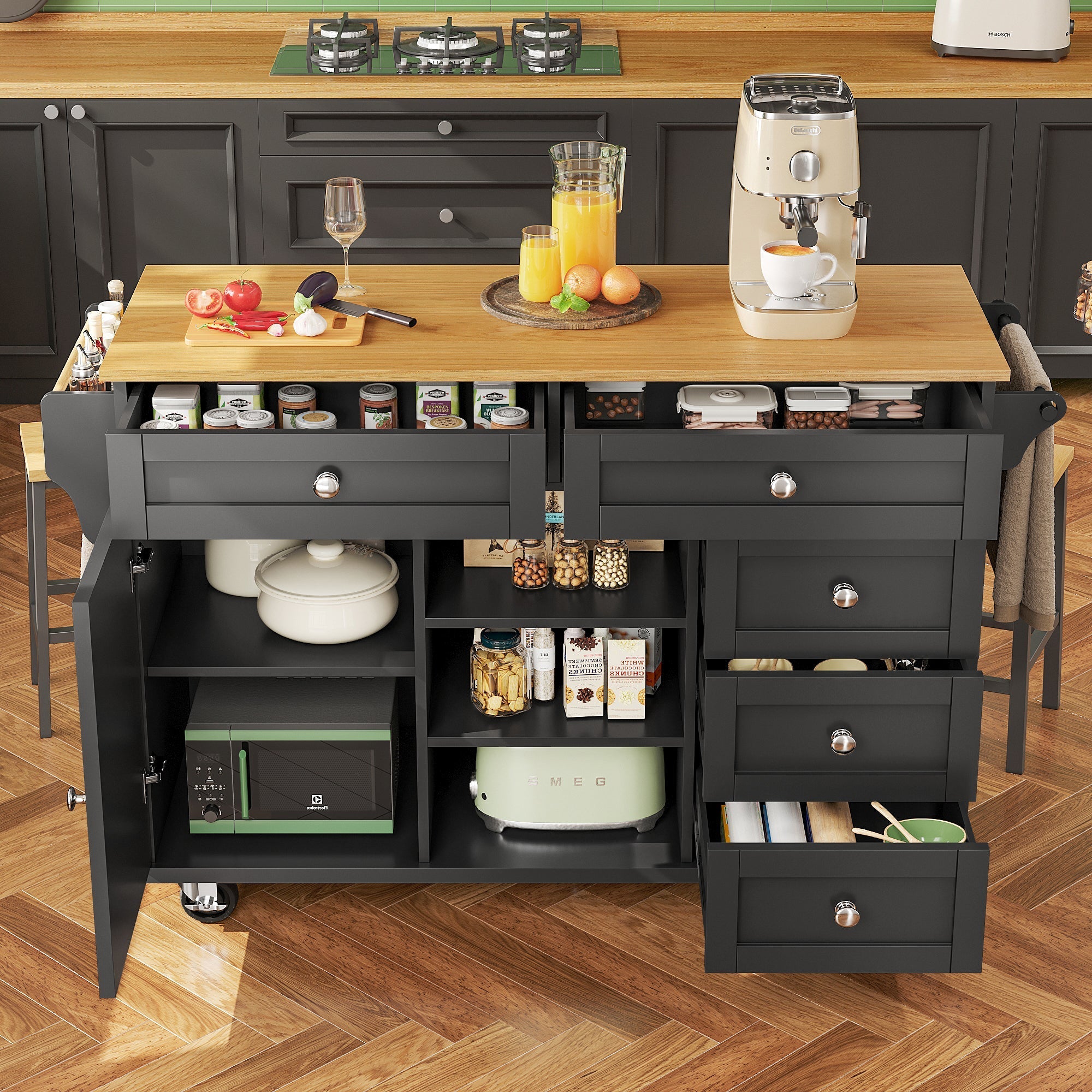 Dining Trolley with Drawer and Storage Cabinet, Mobile and Fixed Dual-Use Design, MDF Wood Grain