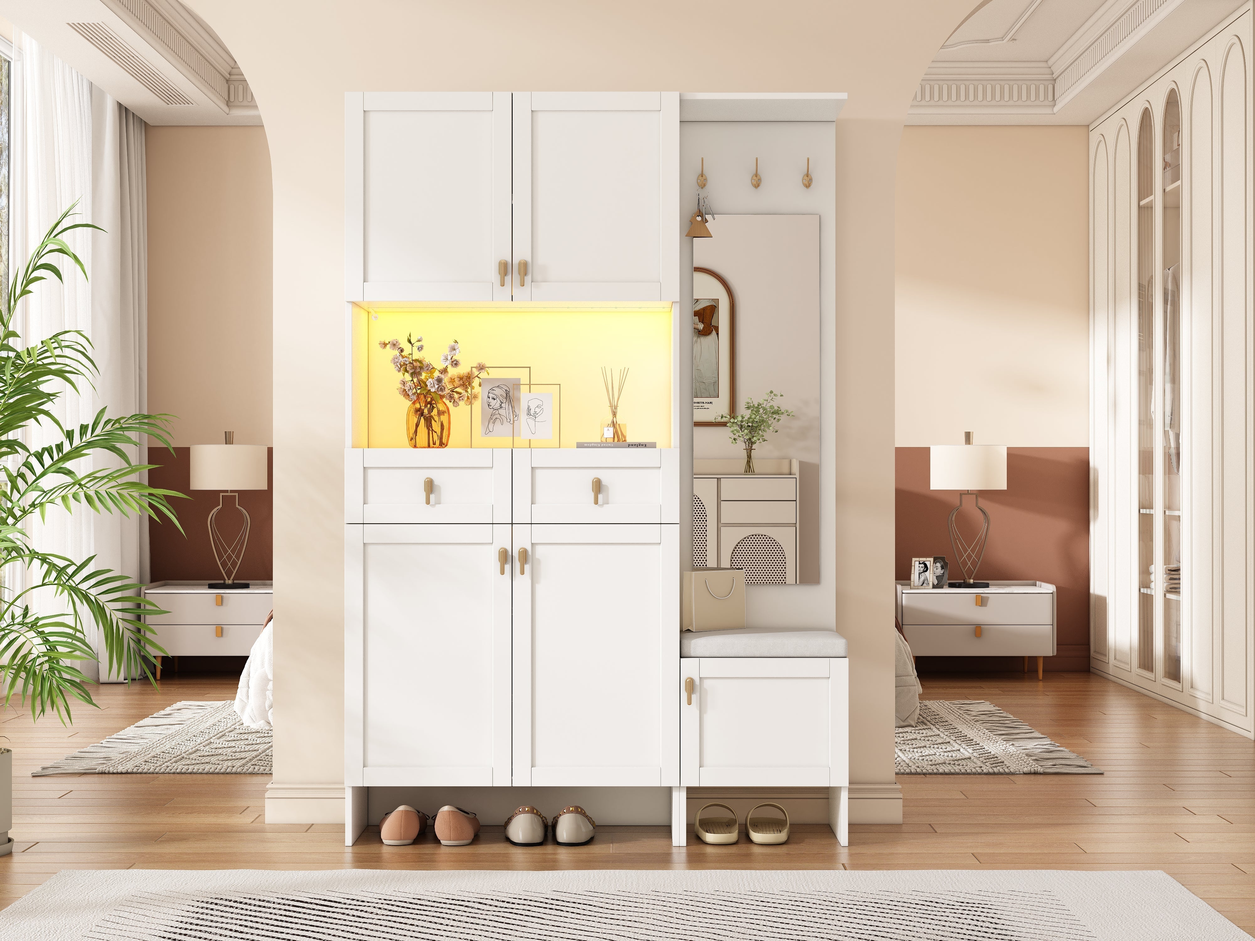 Wardrobe Set Shoe Bench Shoe Cabinet Mirror Storage - White