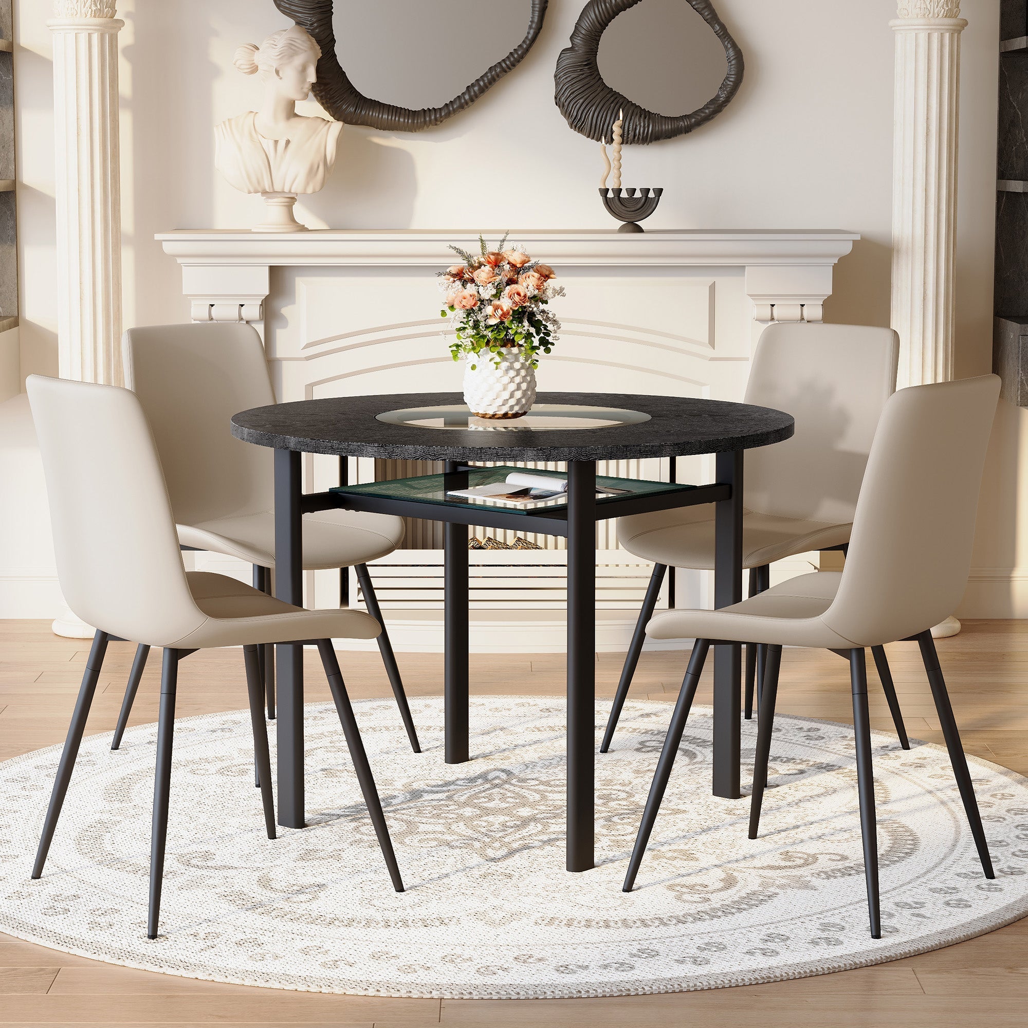 Minimalist Round Table Set 100cm 4 Armchairs - Black Wood Look/Warm Grey PU