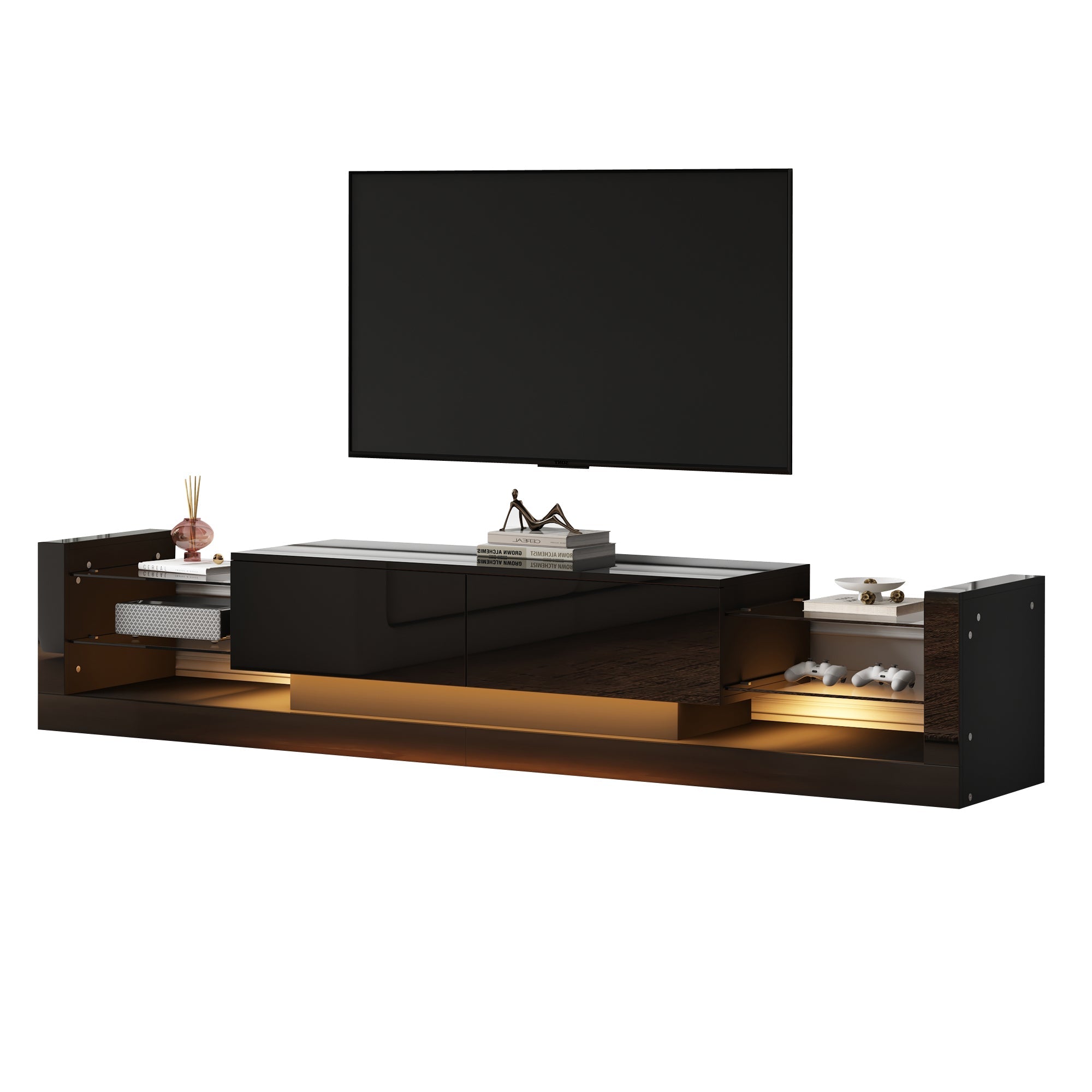 TV Cabinet, 181cm LED Lit, 80-inch Capacity, High-Gloss White