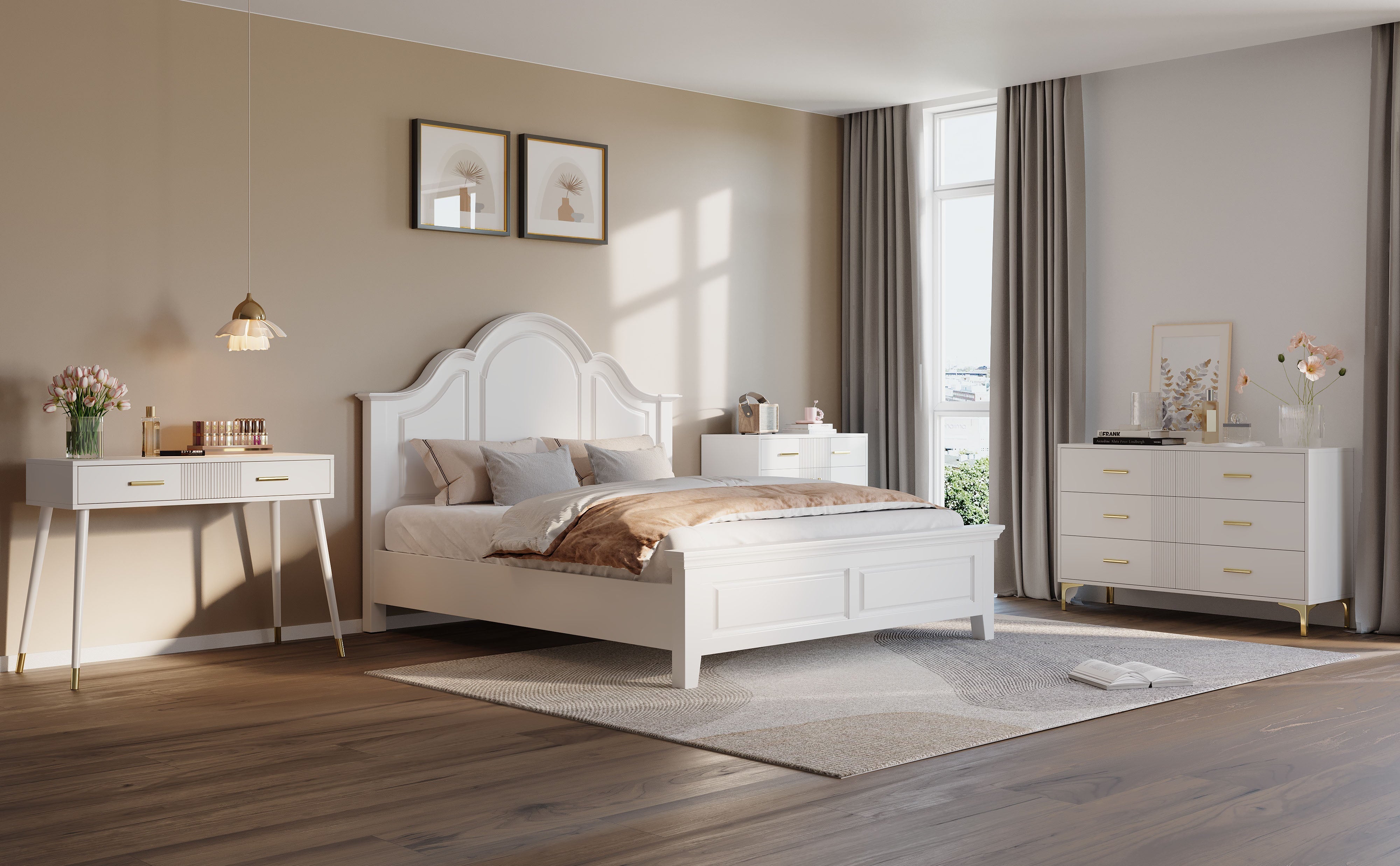 Dressing Table with 2 Drawers, Metal Feet, White