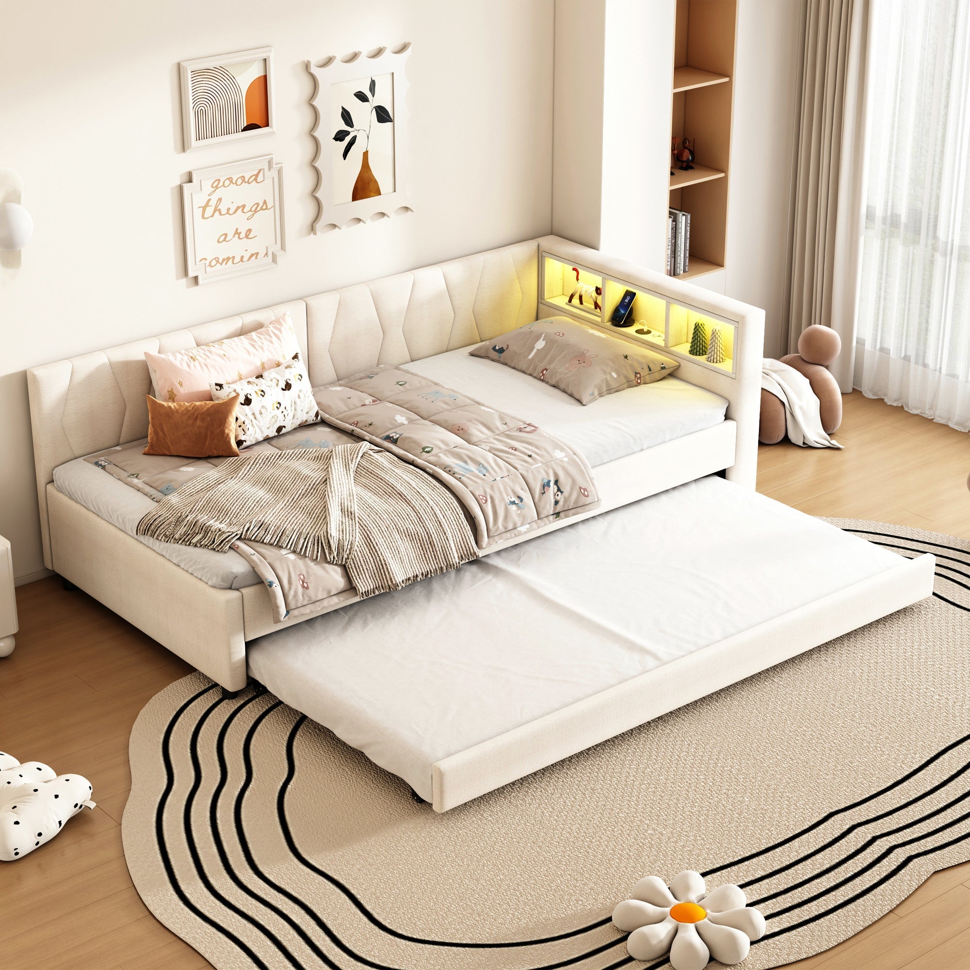 Daybed Sofa Bed 90x200cm Pull-out Bed Storage LED USB/Type-C - Linen Beige