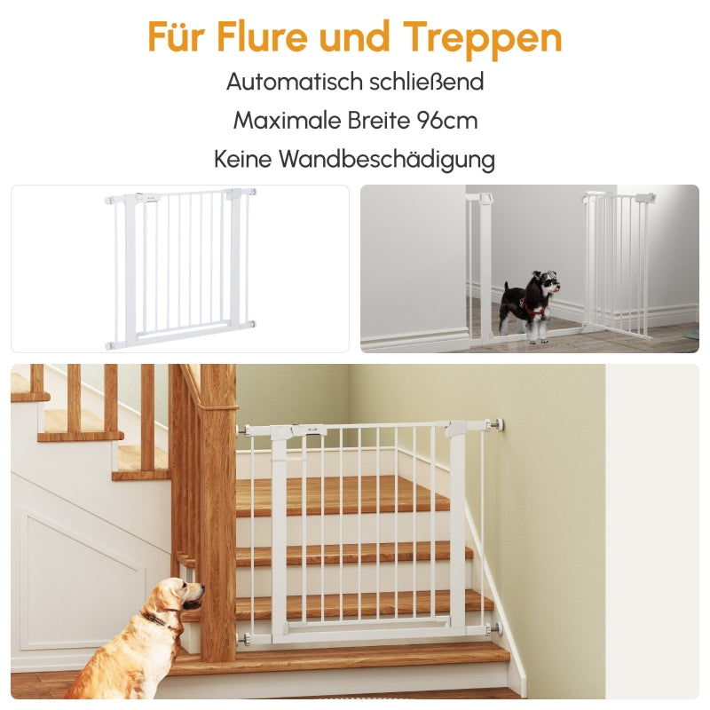 Baby Gate Auto-Close Drill-Free One-Hand Adjustable 75-96cm - White Metal