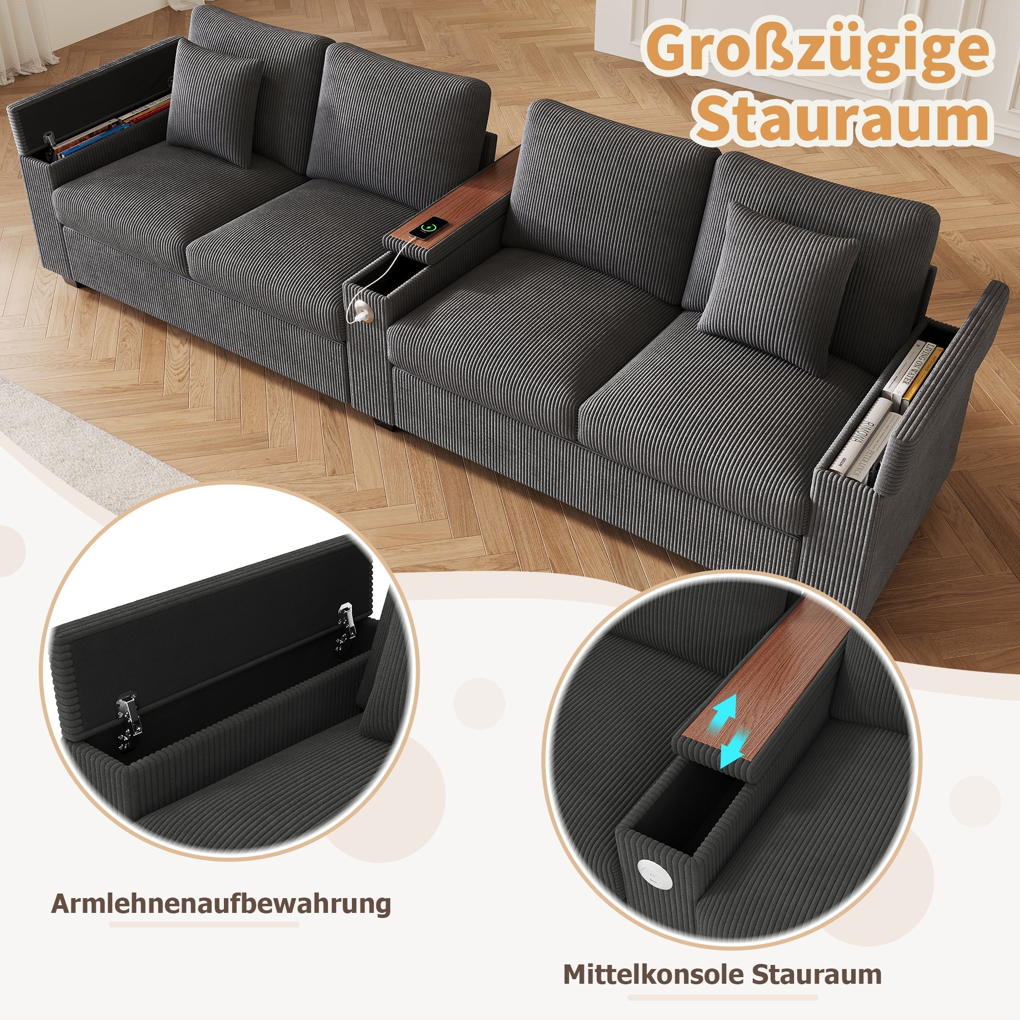 Modern 4-Seater Modular Sofa with USB Charging and Hidden Storage, Gray Corduroy
