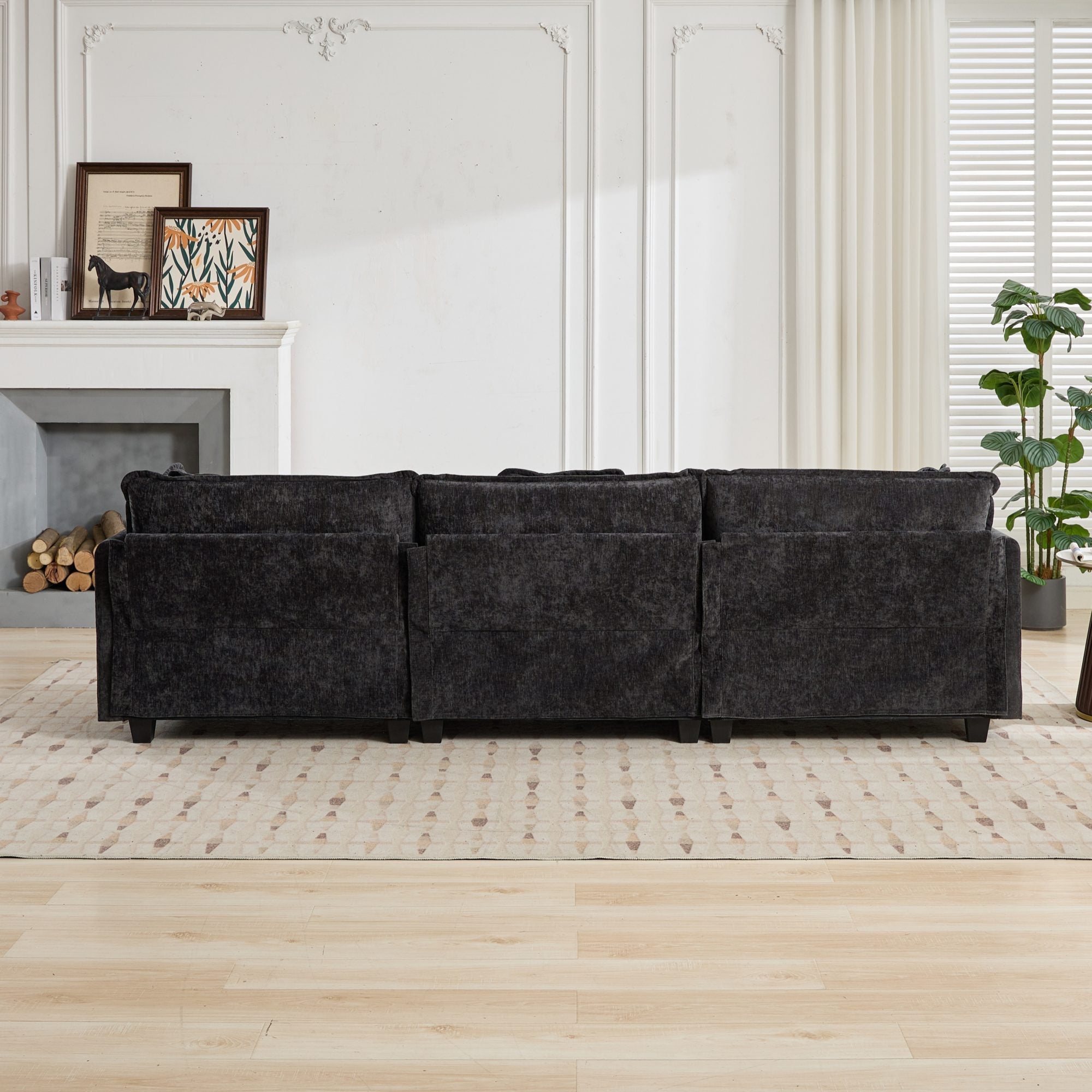 Cloud Sofa 3 Seater Modern Sectional Couch with Double Layer Upholstered Cushion, Black Chenille Fabric