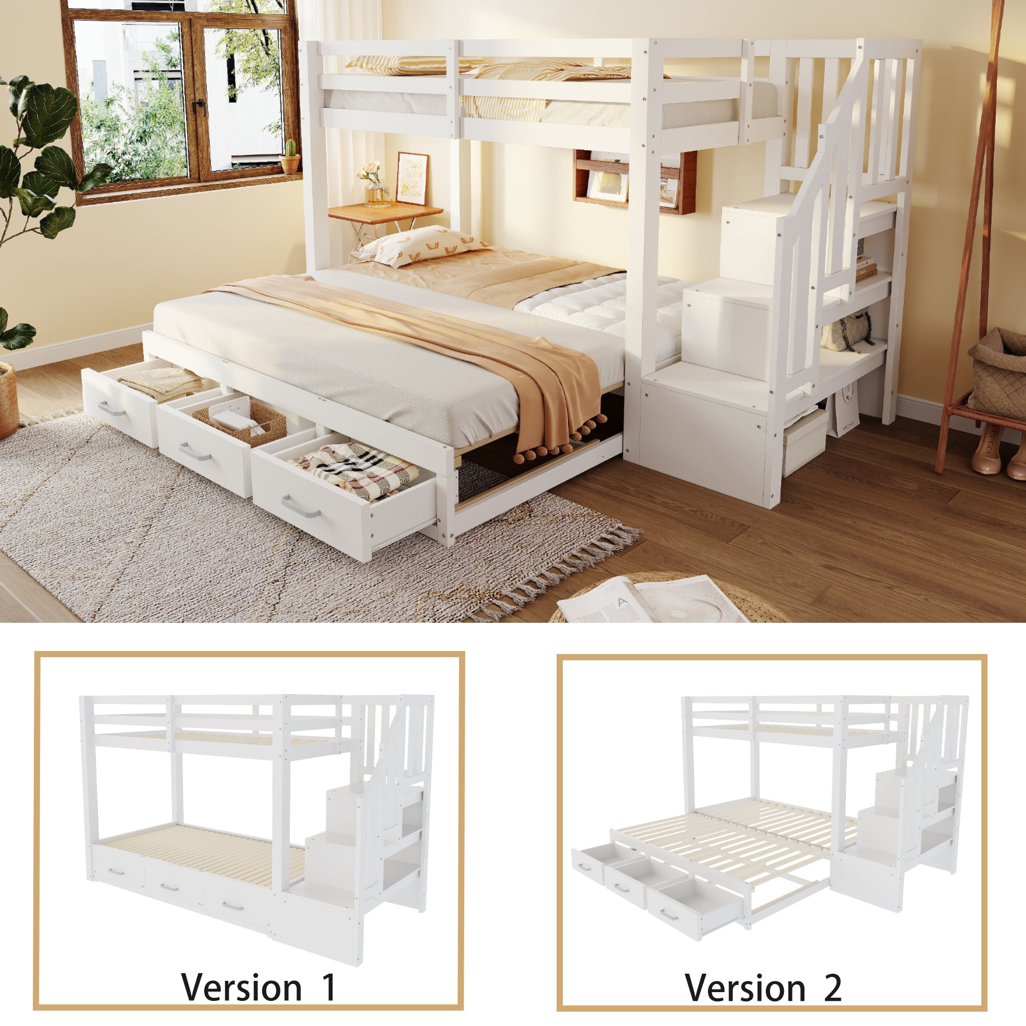 Bunk Bed with Pull-out Bed, Storage Ladder and Drawers, 90x200cm, White Wood