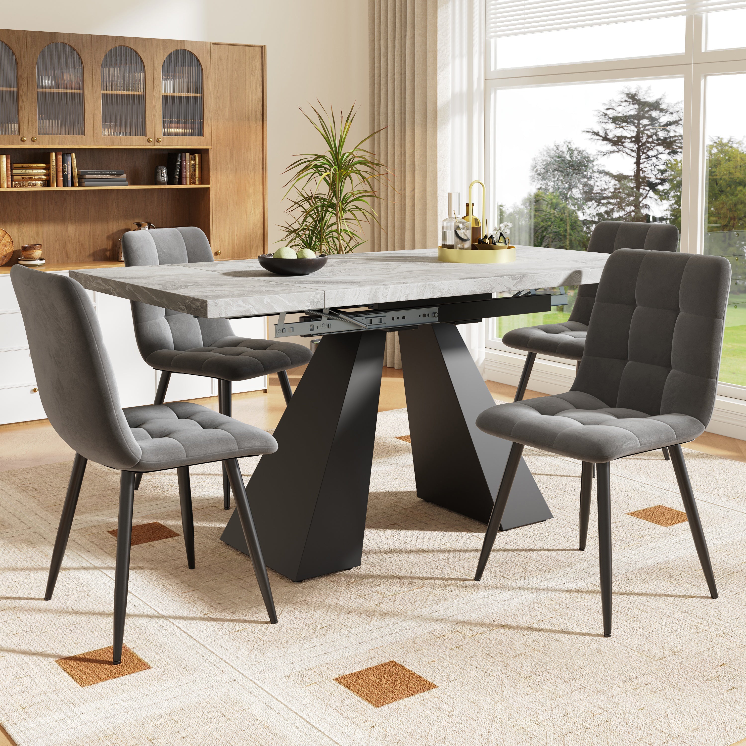 Dining Set 5-Piece Extendable 4-Seater Table Pedestal Legs + 4 Velvet Chairs - Grey