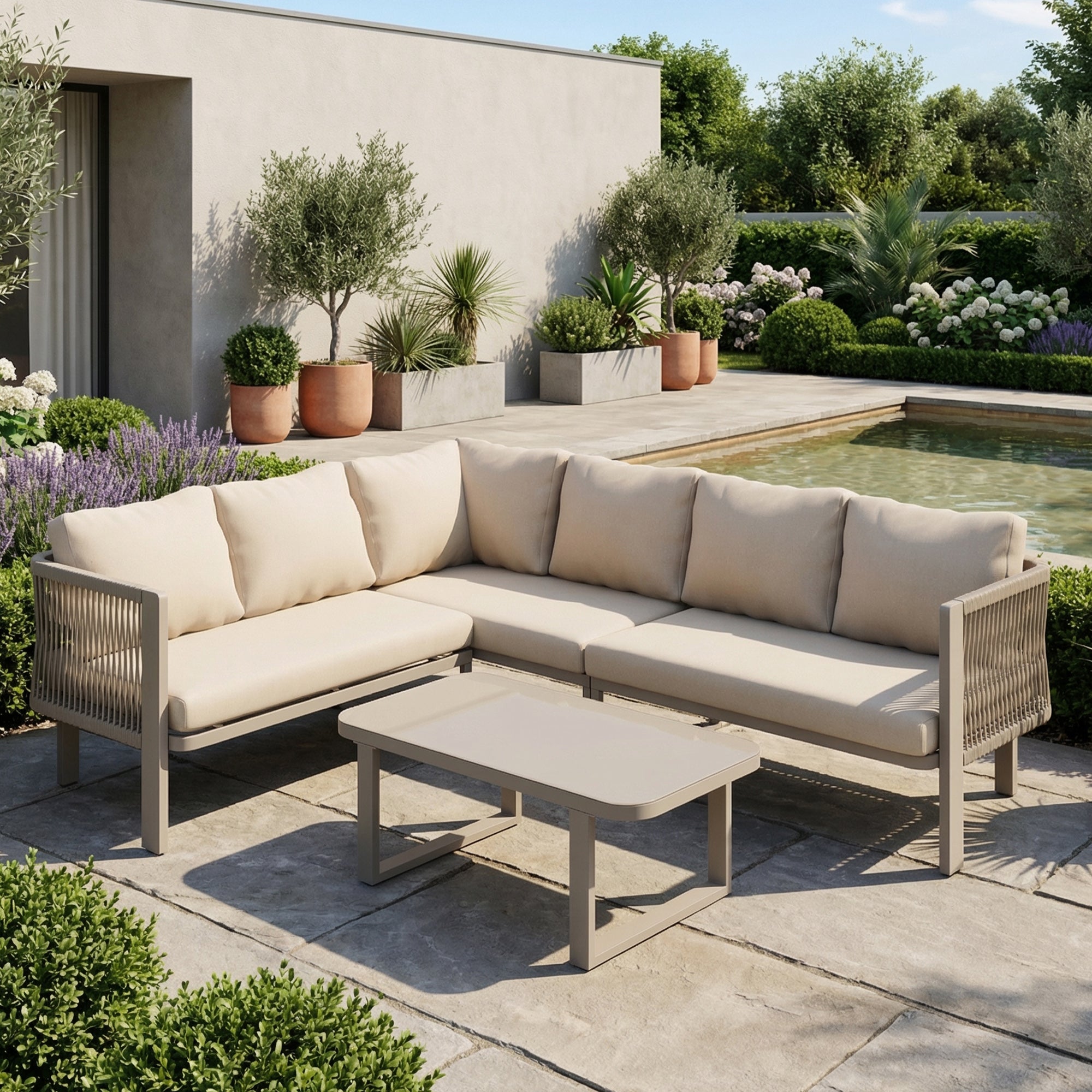 6-Person Garden Furniture Set with Corner Configuration and Glass Tabletop, Khaki Teslin Rope Weaving and Galvanized Steel