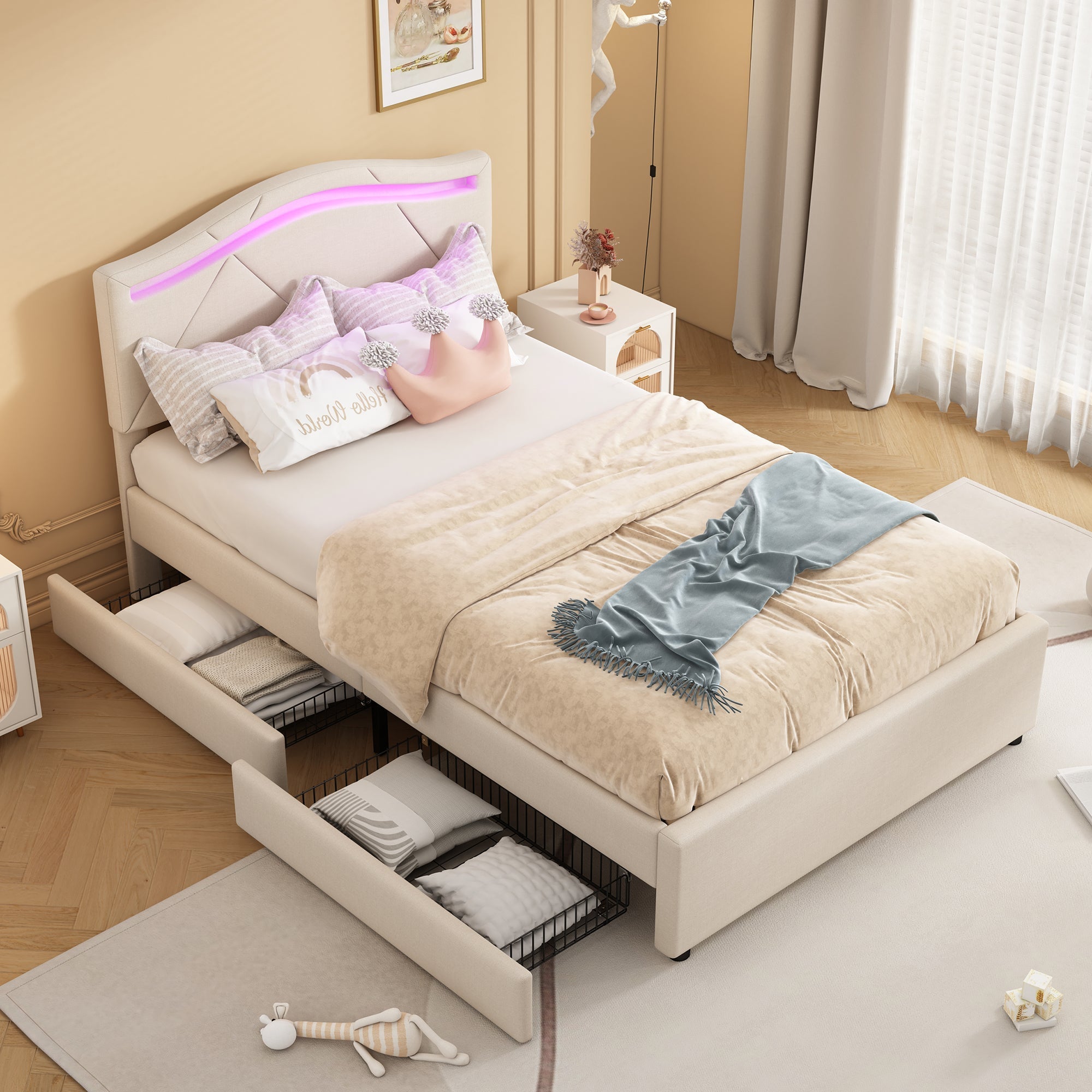Upholstered Bed 90x200cm LED Lights 2-Drawer Adjustable Headboard Beige Linen