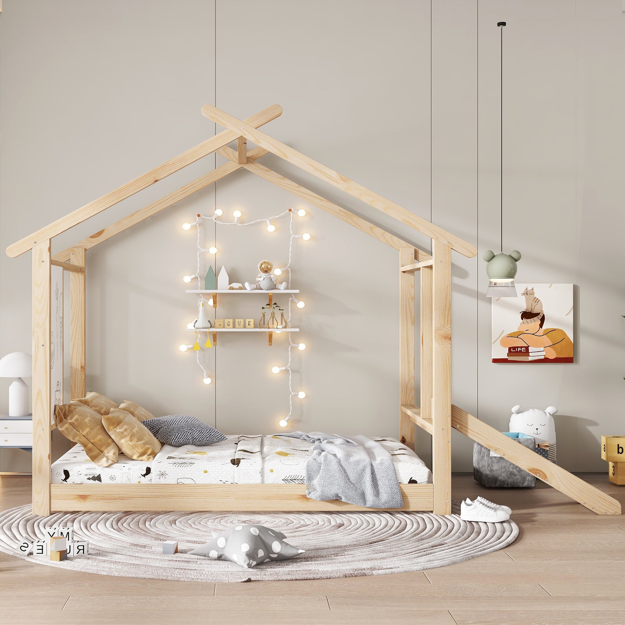 Wooden Bed, Single with Slide, Roof Design & Whiteboard, Pine + MDF + Plywood