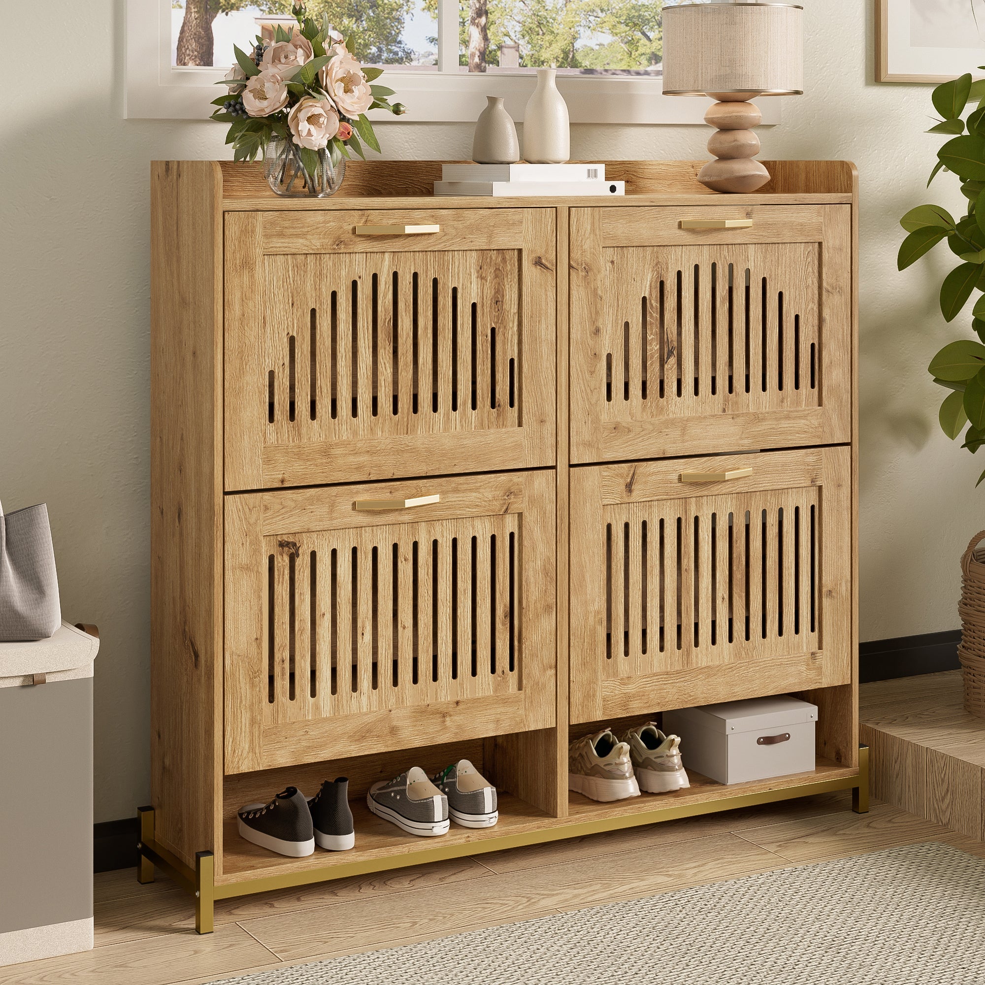 Shoe Cabinet 4 Doors, Vertical Slatted, Space-Saving with Shelf, Wood/Metal