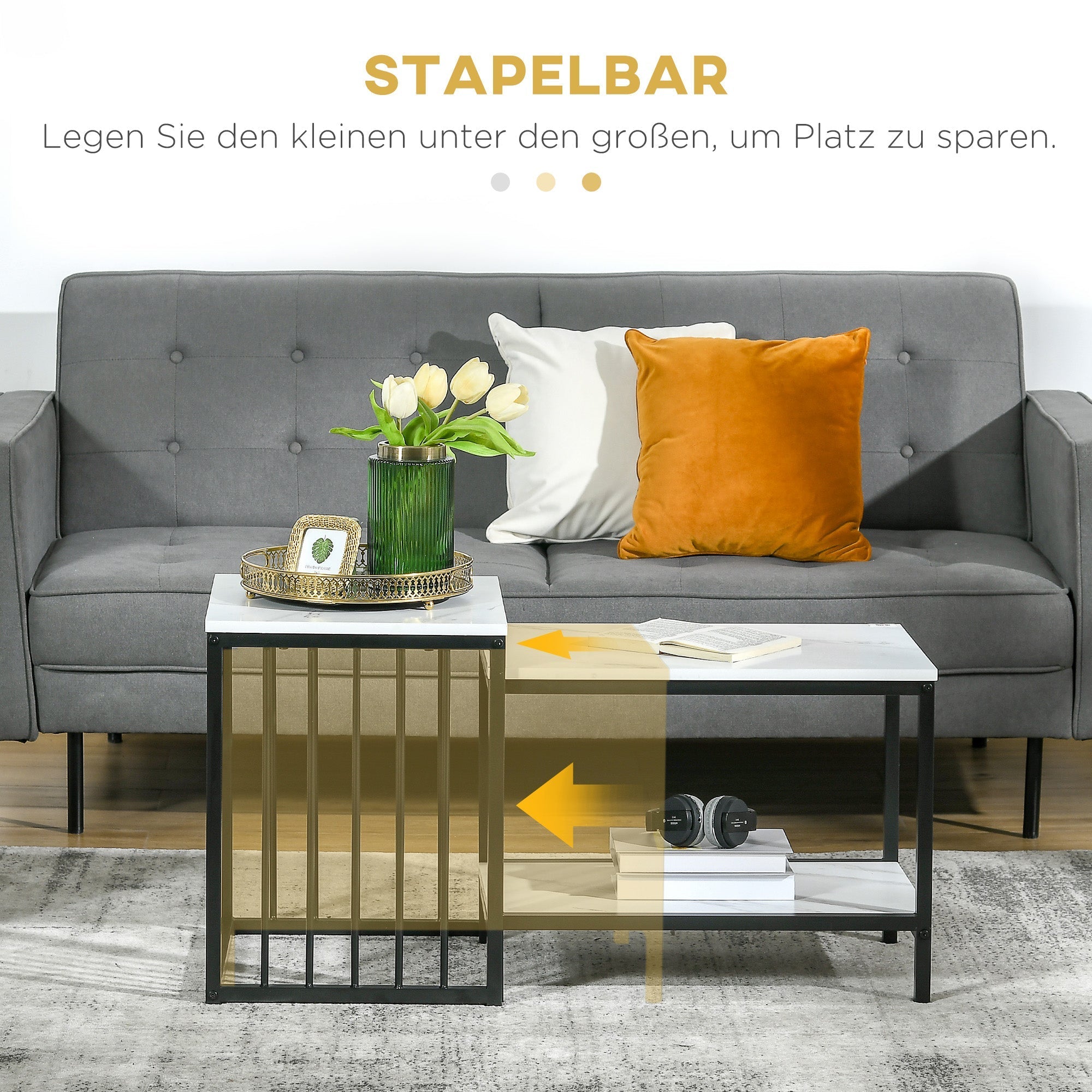 Coffee Table Set of 2 Nesting Modern Marble Look, Steel