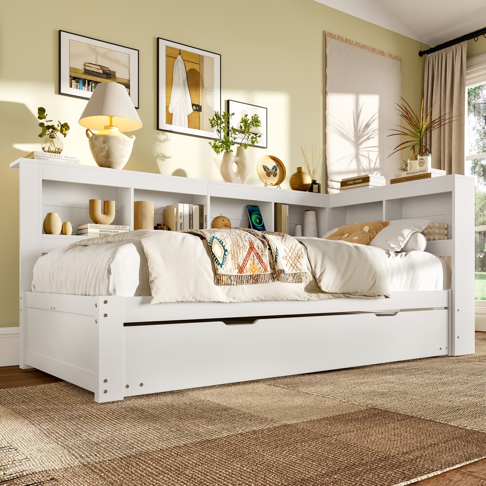 Daybed with Pull-Out Bed, 90x200cm, Power Outlet and 2 USB Ports, White Chipboard