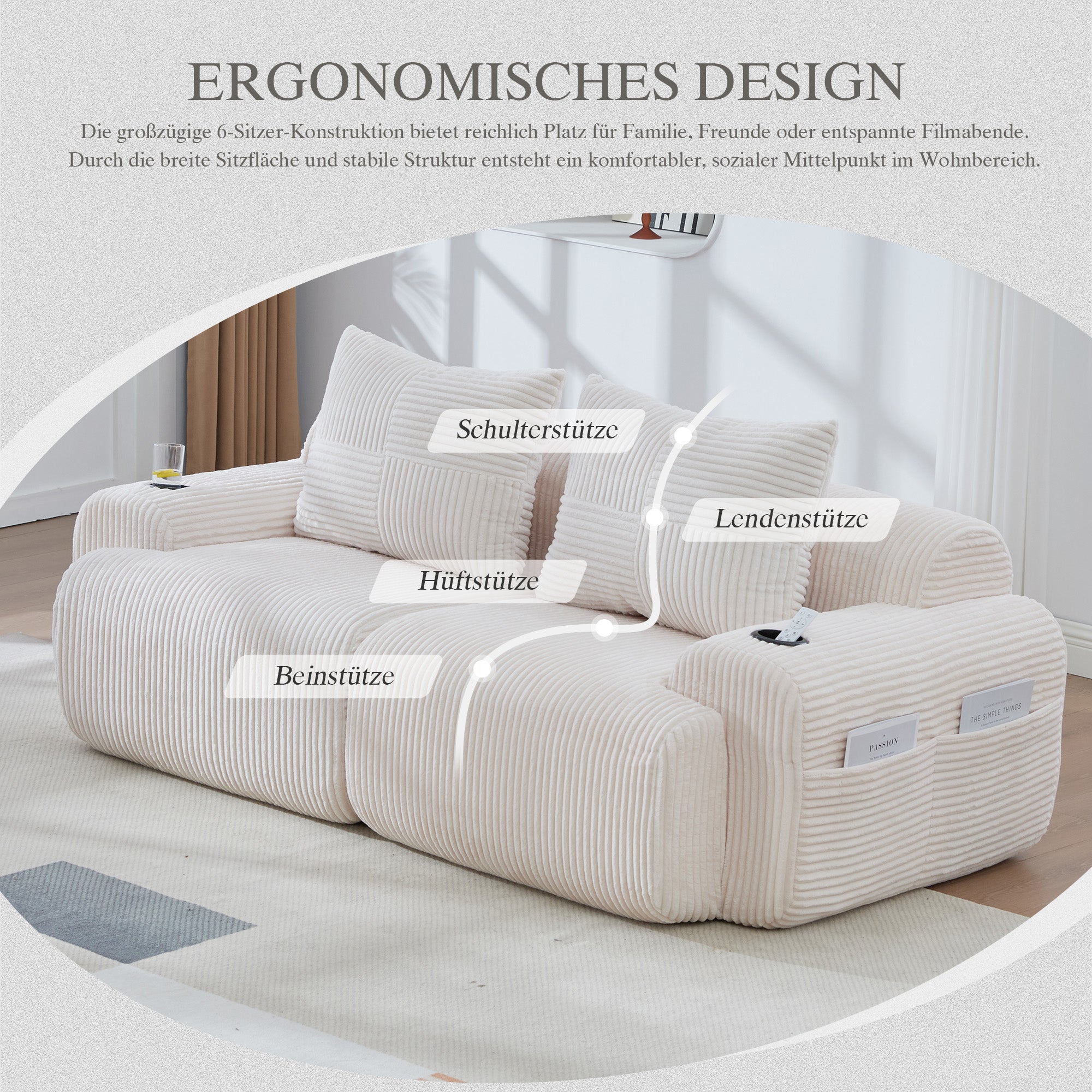 Modular 2-Seater Sofa with Cup Holder and Side Storage Pocket, Beige Corduroy