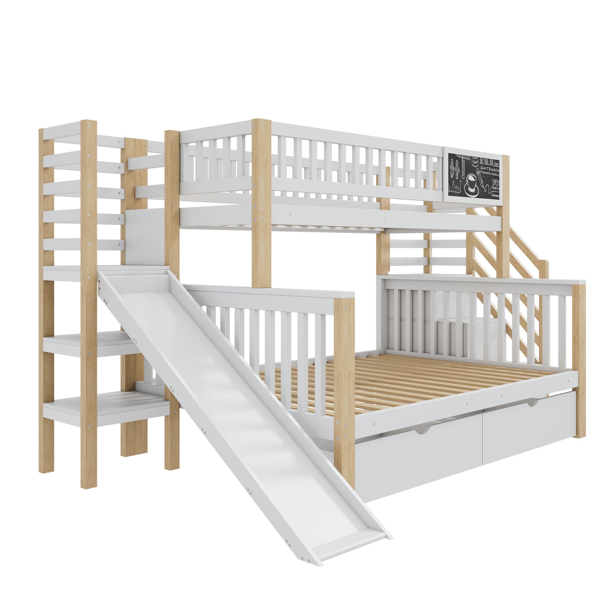 House Bunk Bed, Multifunctional Storage Slide Chalkboard 140x200cm & 90x200cm, White