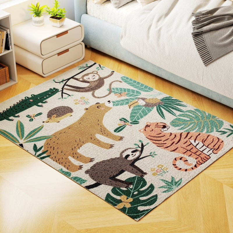 Fleece Rug Jungle Pattern Easy Care, Cream White/Multicolored
