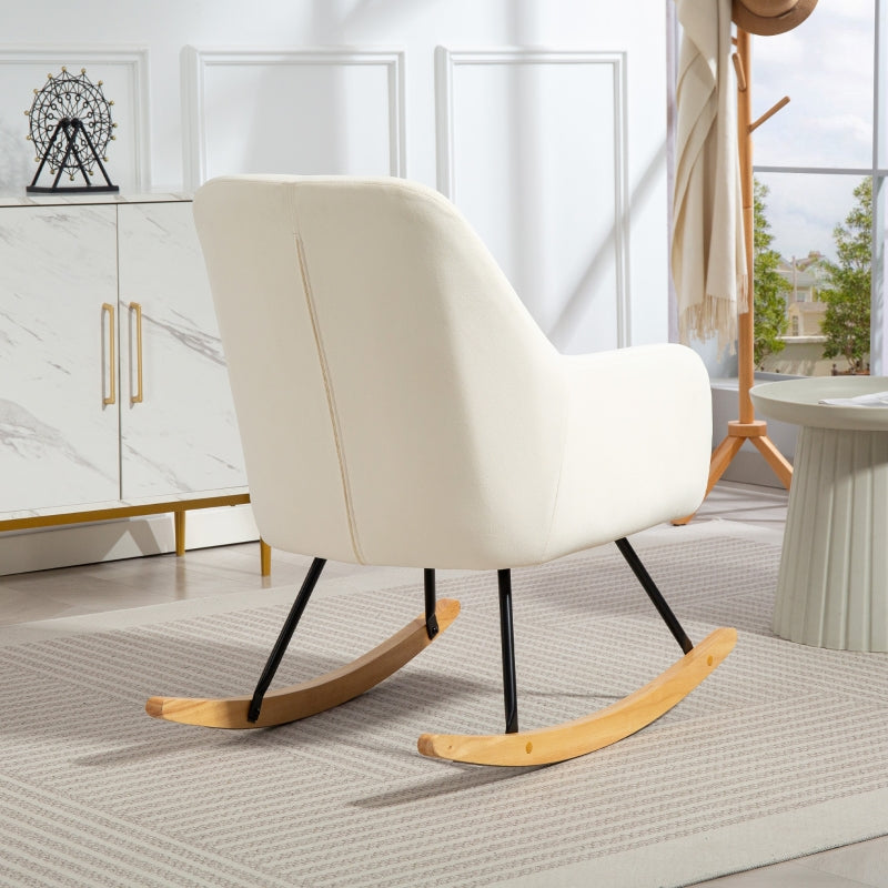 Rocking Chair Recliner with Armrests & Wooden Runners, Velvet Cream White