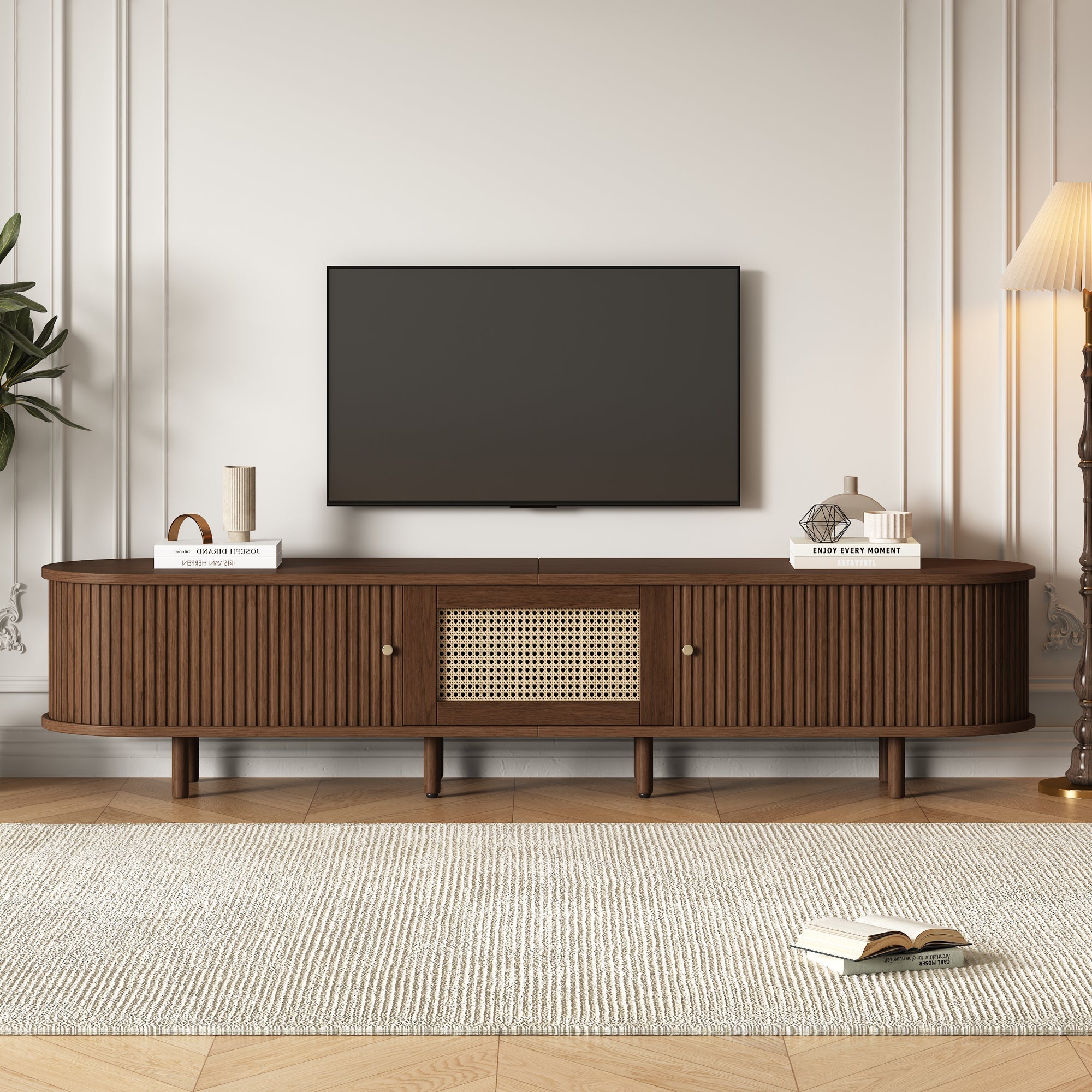 TV Stand with 1 Rattan Drawer, 2 Sliding Doors, Oval for 70 Inch TV, Dark Oak MDF