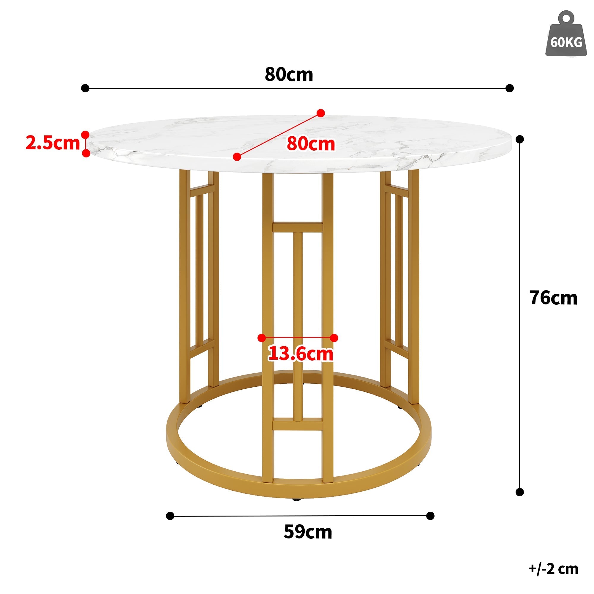 Round Dining Table 80x76cm 4-Person Marble Tabletop Metal Legs Gold