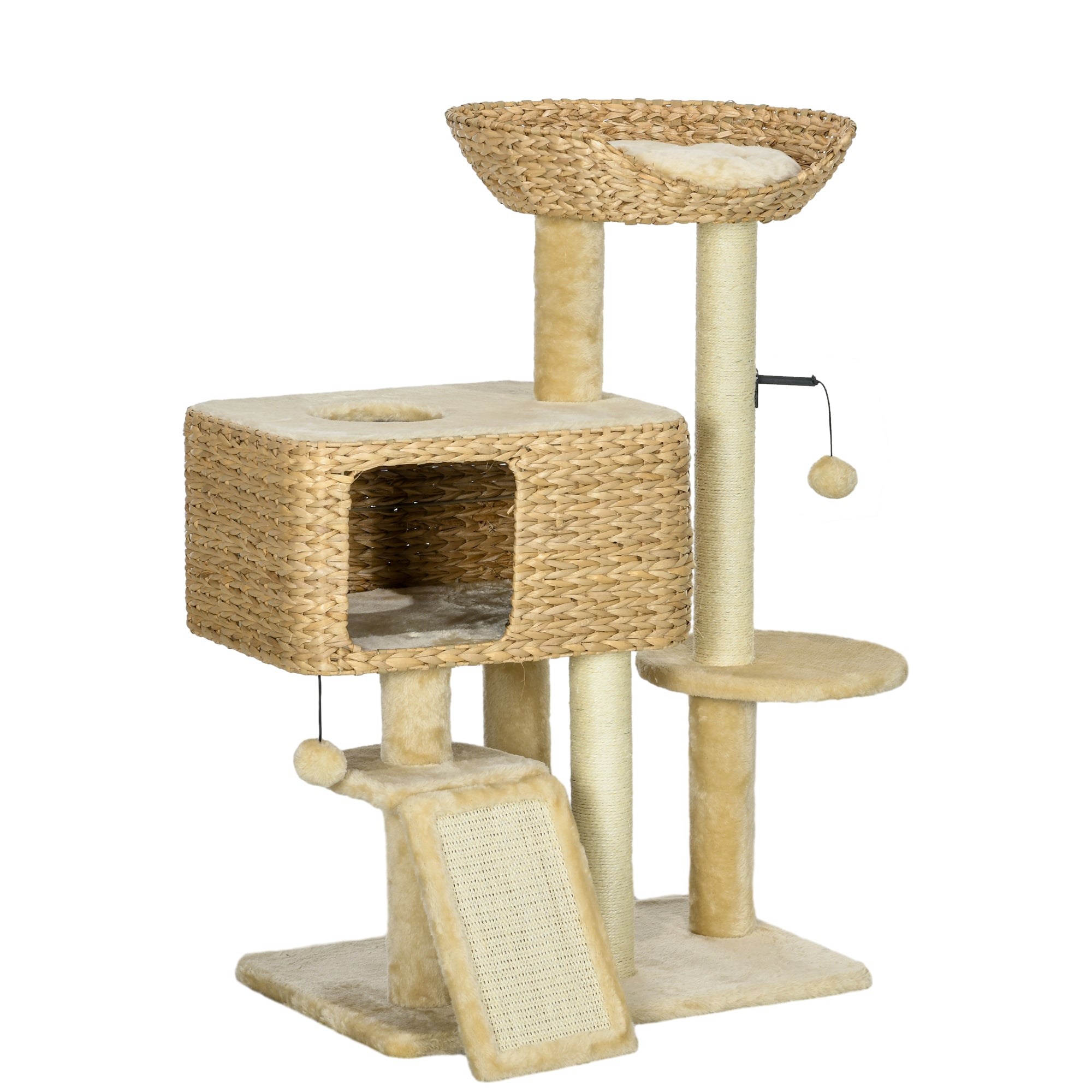 Cat Scratching Post, 98cm 2 Resting Areas Play Ball, Sisal Beige