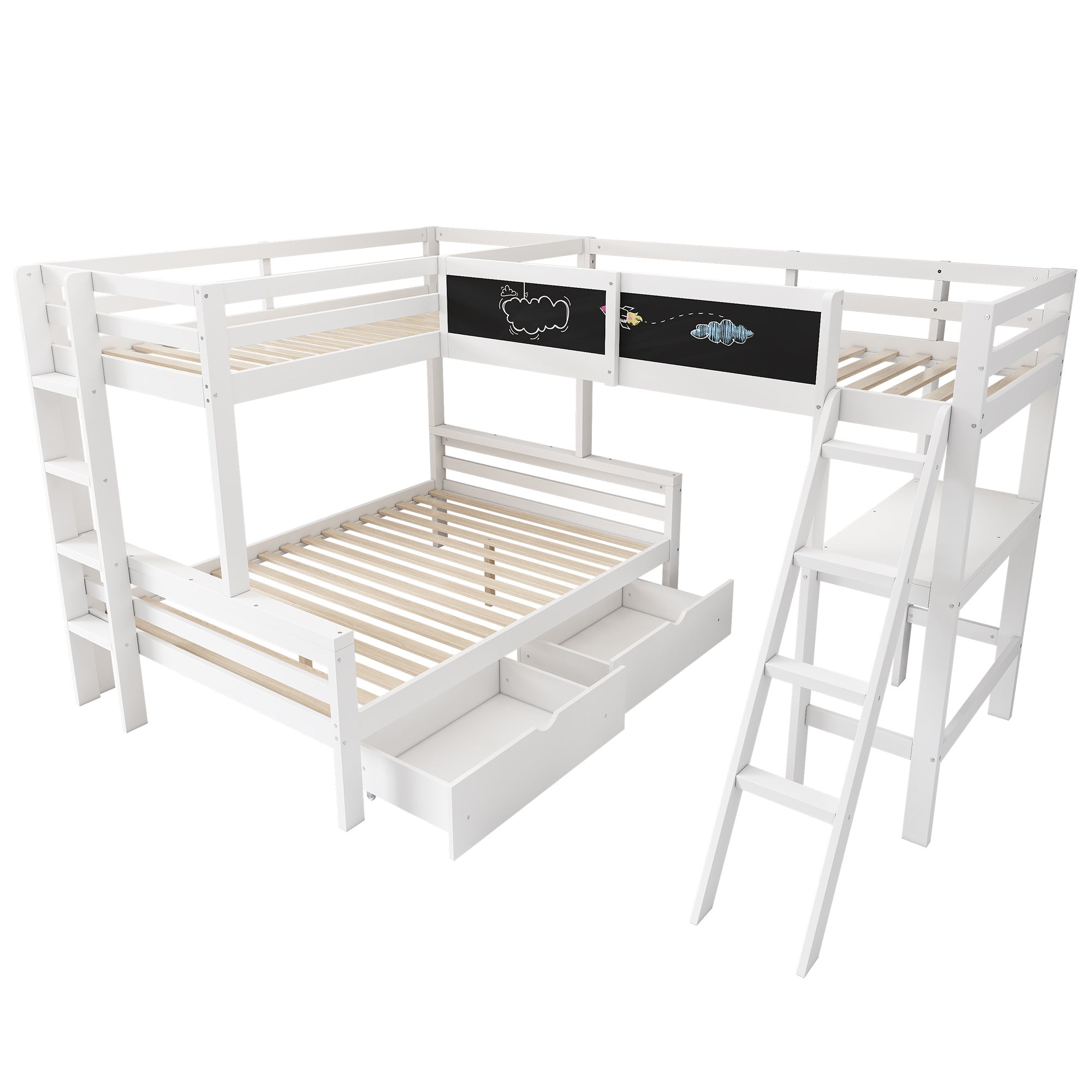 Children's Loft Bed with Desk, Shelf and Drawers, Sleeps Three, 90x200cm and 140x200cm, White Pine Wood