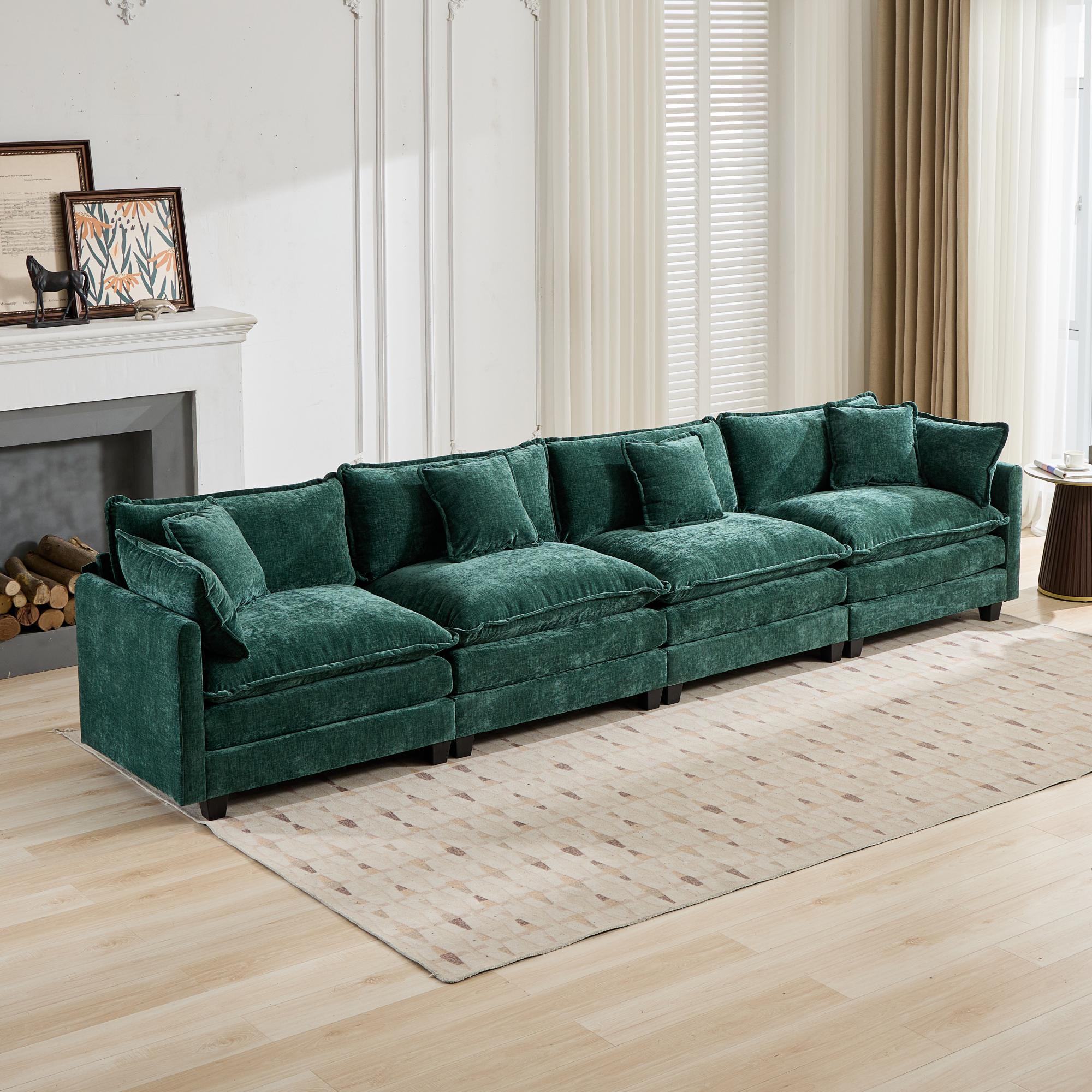 Cloud Sofa 4 Seats, Modern Modular Sectional Couch with Double Layer Upholstered Cushions, Green Chenille Fabric