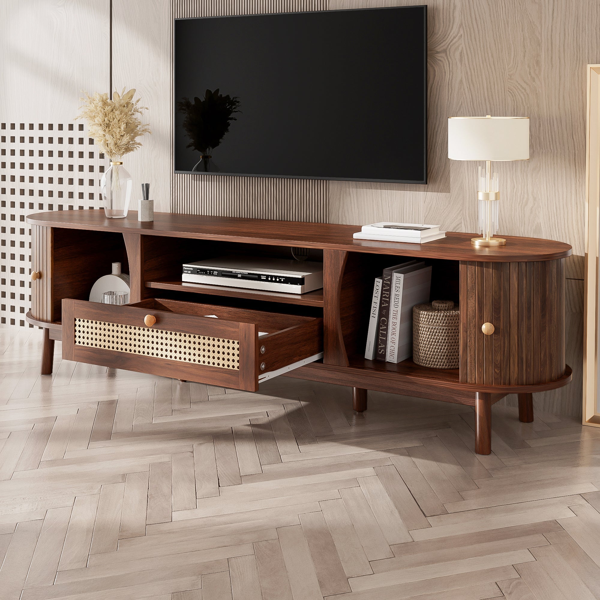 TV Cabinet with Doors and Drawers, Low Storage Solution, Rattan/Solid Wood