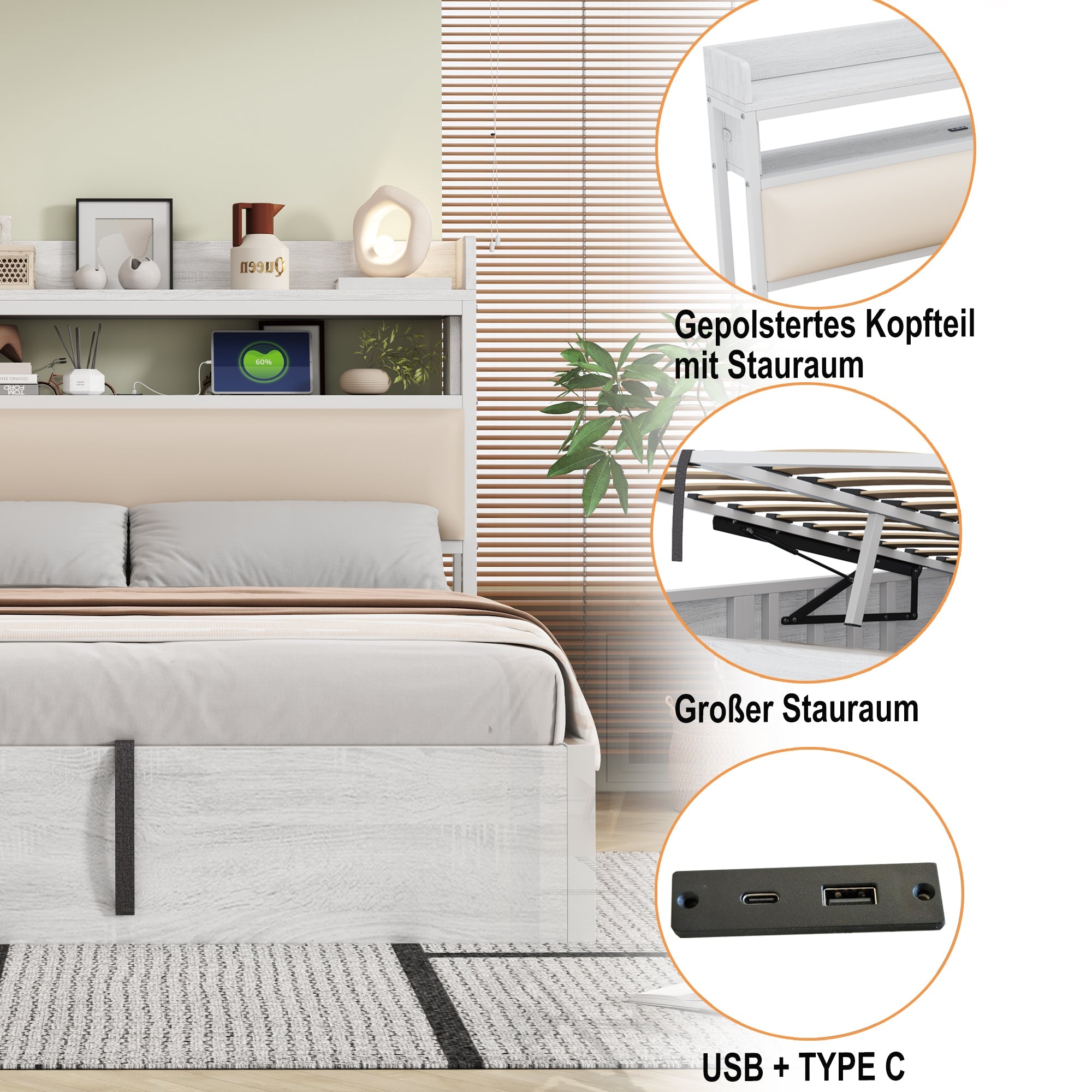 Bed Frame 90 x 200, Hydraulic Lift, USB, Upholstered Headboard, White