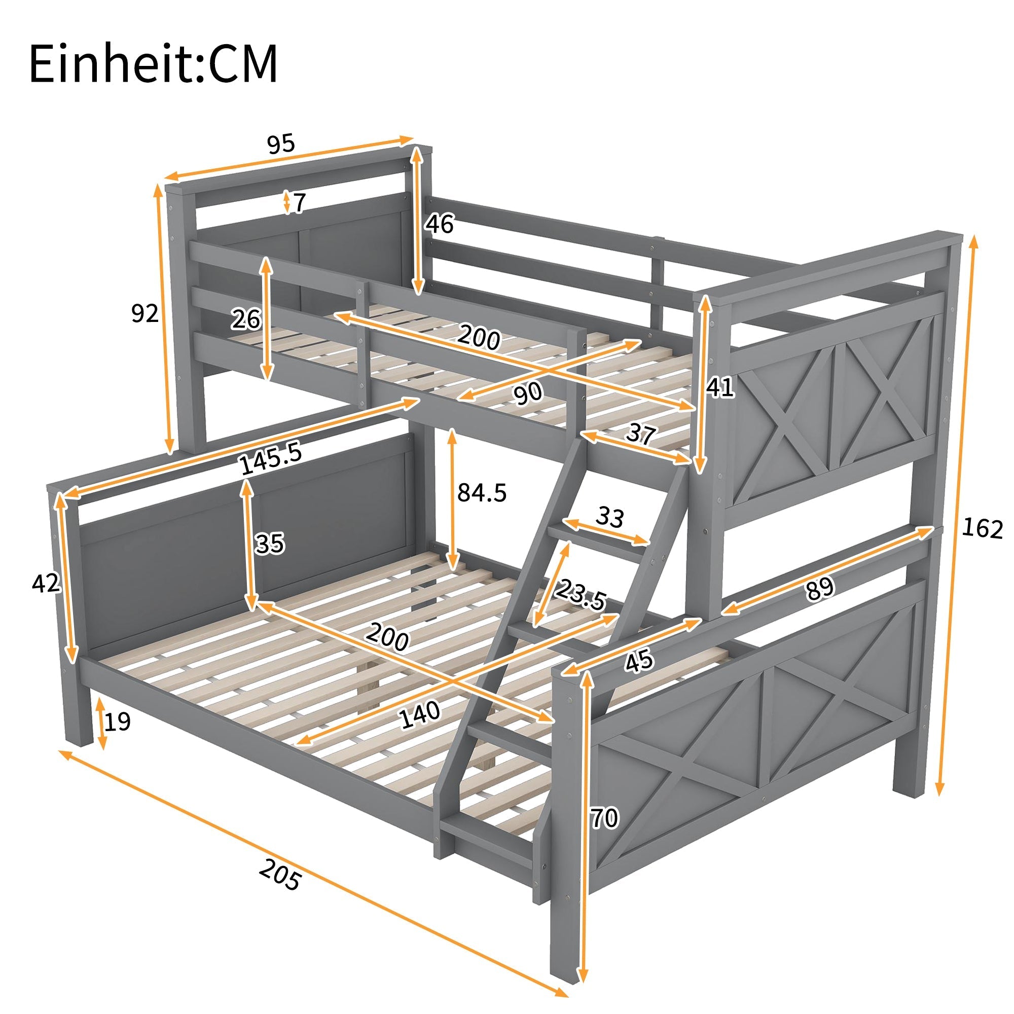 Bunk Bed Convertible 90/140x200cm with Ladder Railing Wooden Grey