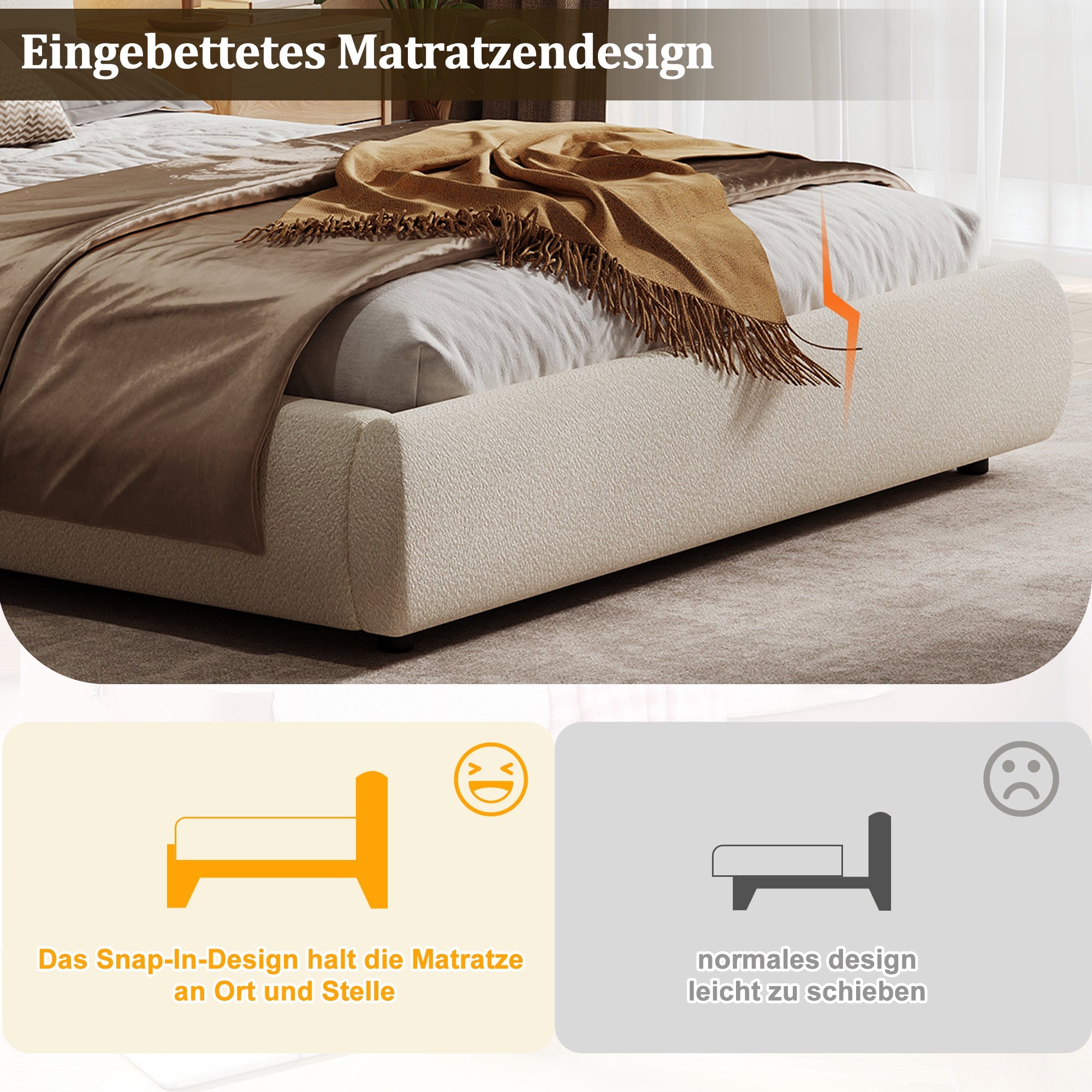 Upholstered Bed, Double 180x200cm, Hydraulic, Storage, Slatted Base, Beige Bouclé