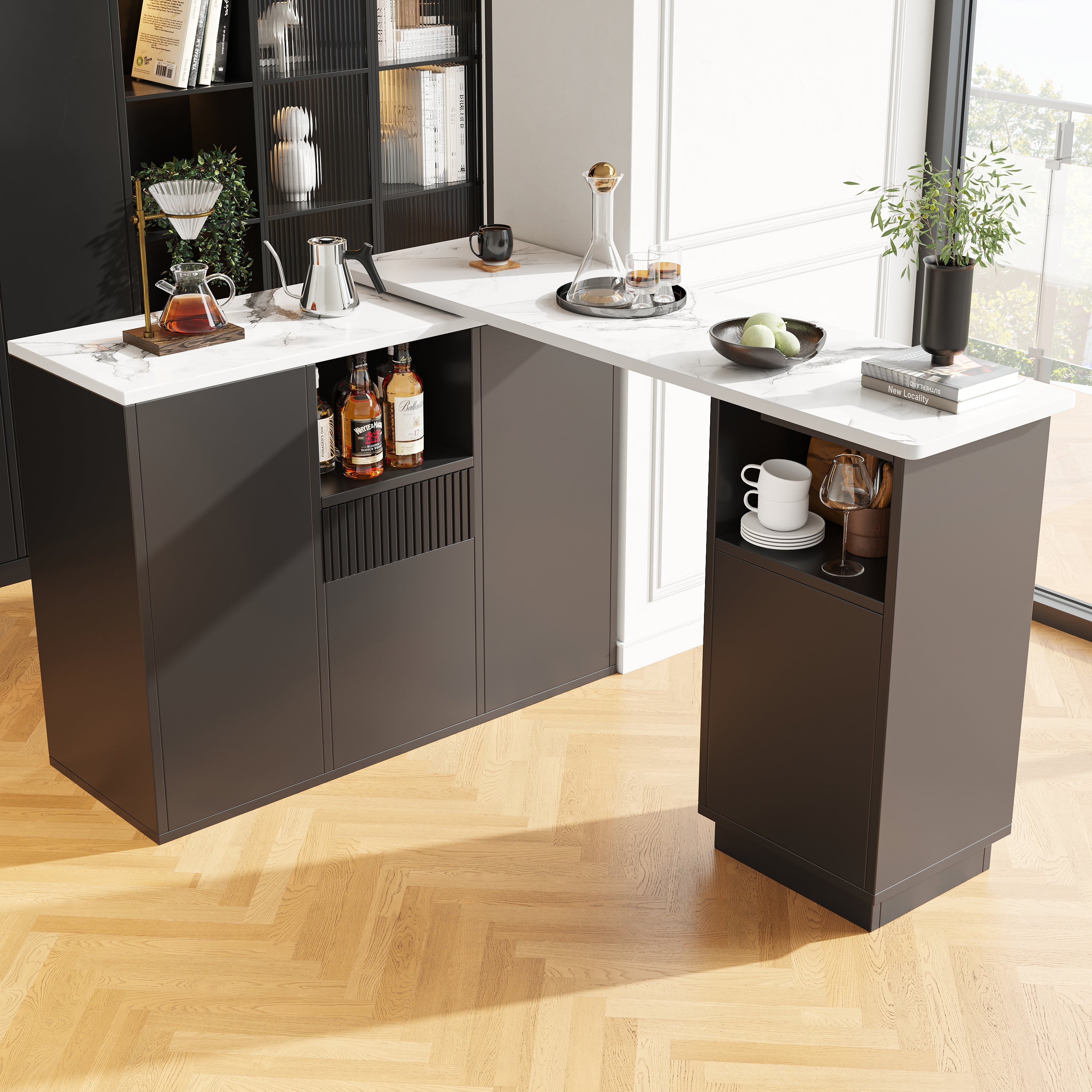 Bar Table 360° Rotating, Open Storage, Multifunctional Island, Black/Marble