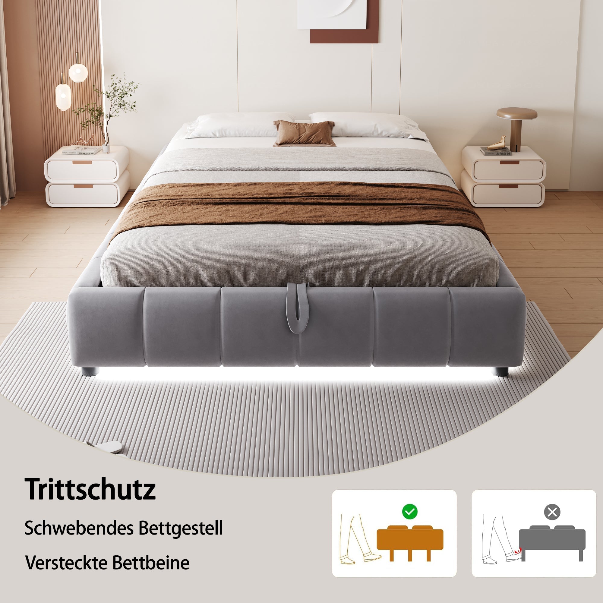 Upholstered Bed, 140x200cm LED Floating with Storage, Grey