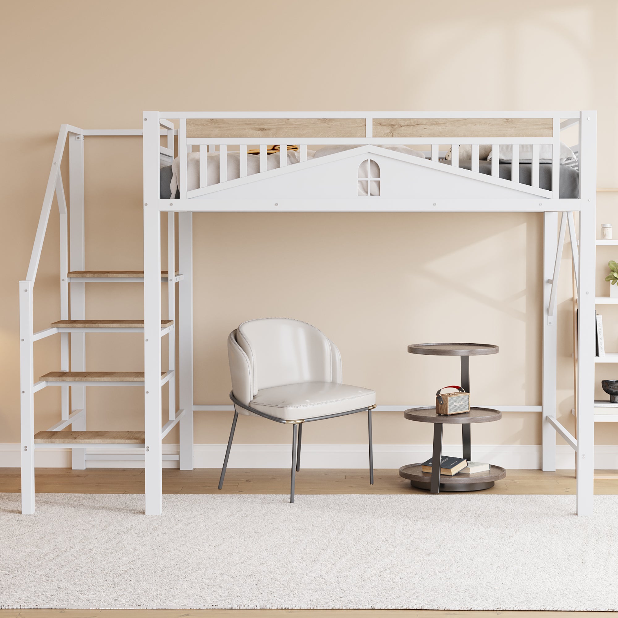 Metal Loft Bed, 140x200cm with Window Design, Safety Ladder, Storage, White