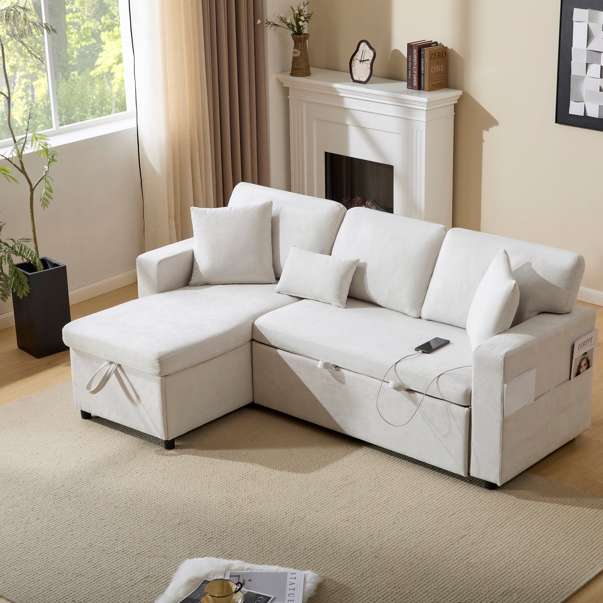 Corner Sofa Bed L-Shape Extendable Storage & Shelf - Beige