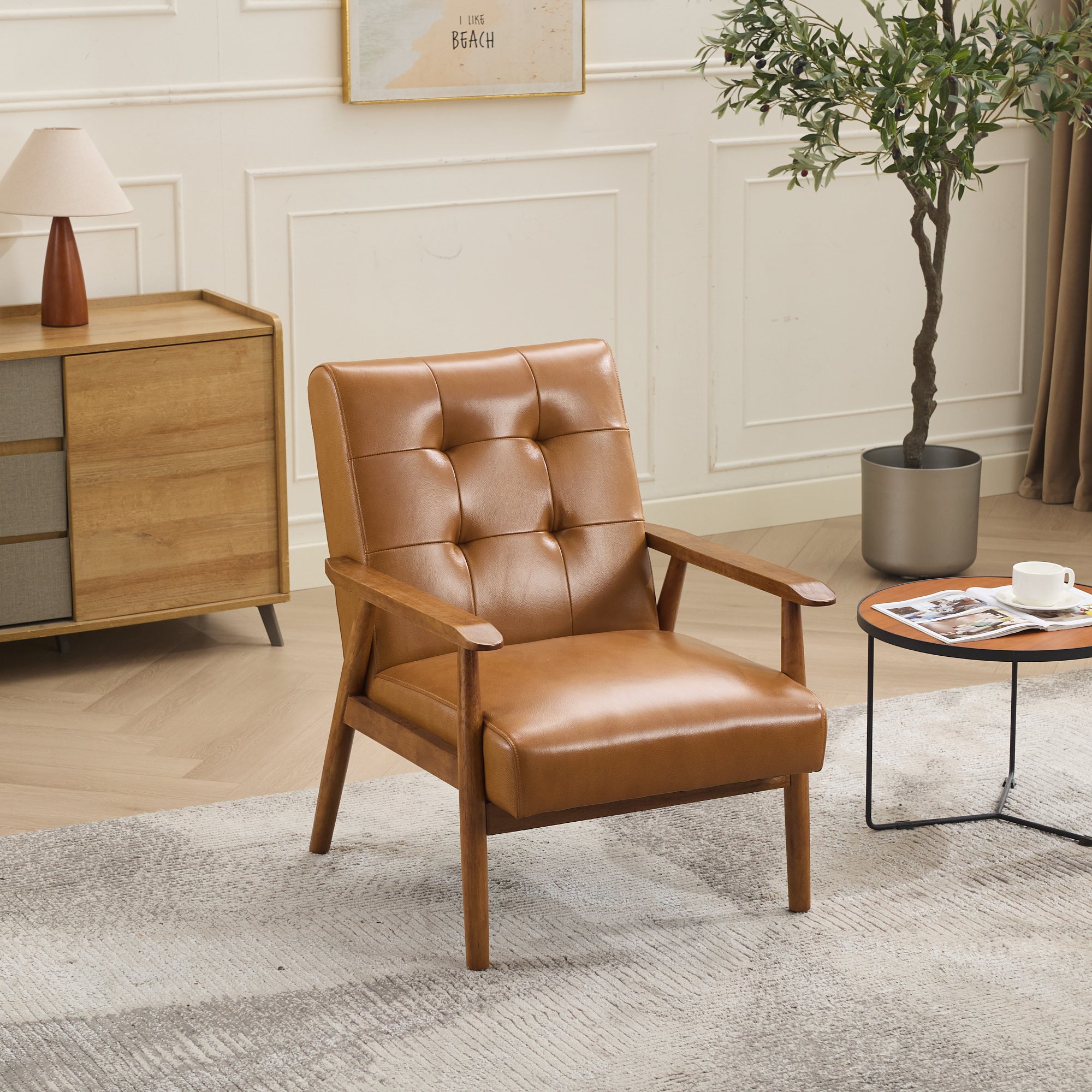 Genuine Leather Lounge Chair Walnut Armrests Rubberwood Legs - Light Brown
