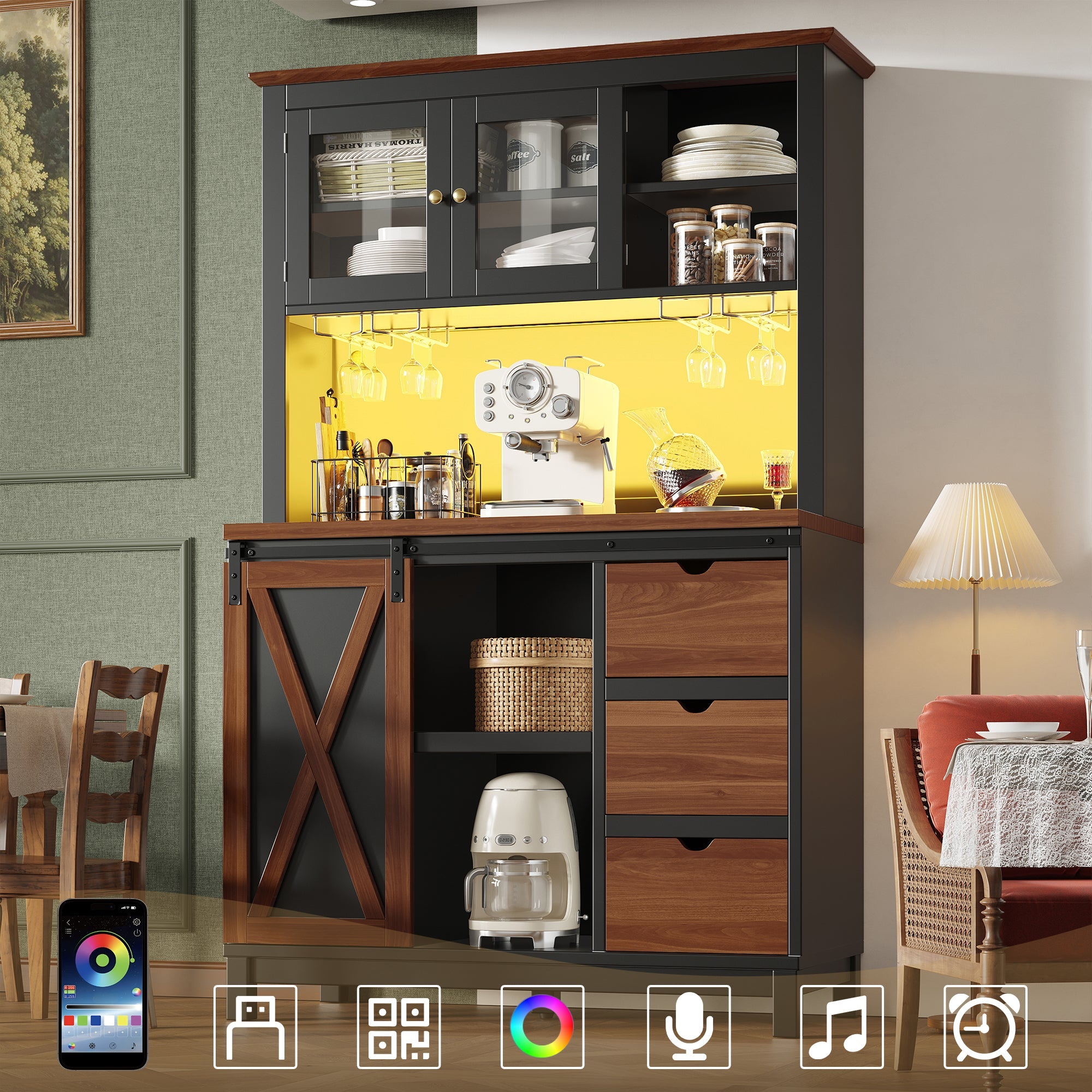 Modern Tall Sideboard Cabinet with LED App Control and Sliding Door, Black