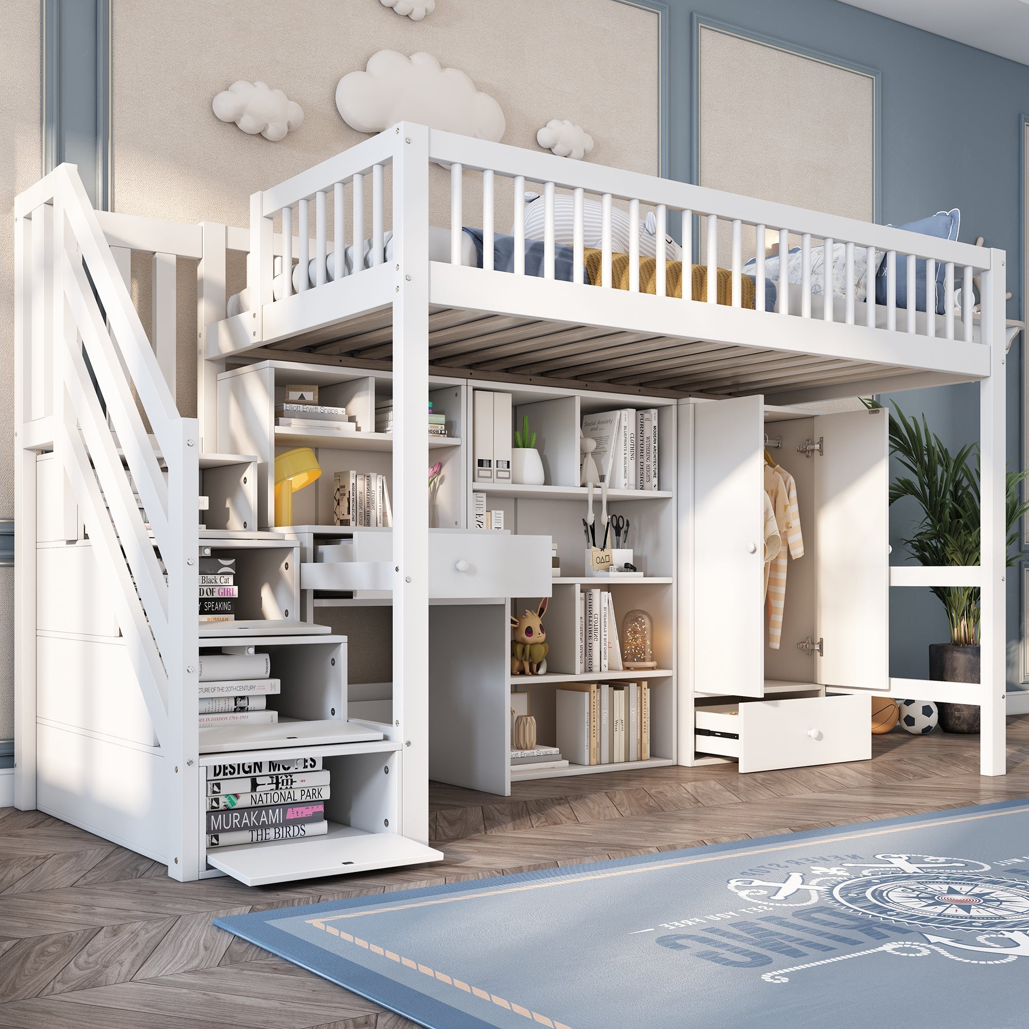 Children's Multifunctional Bed 90x200cm Desk Stairs Lockers Wardrobe - Solid Wood/MDF White